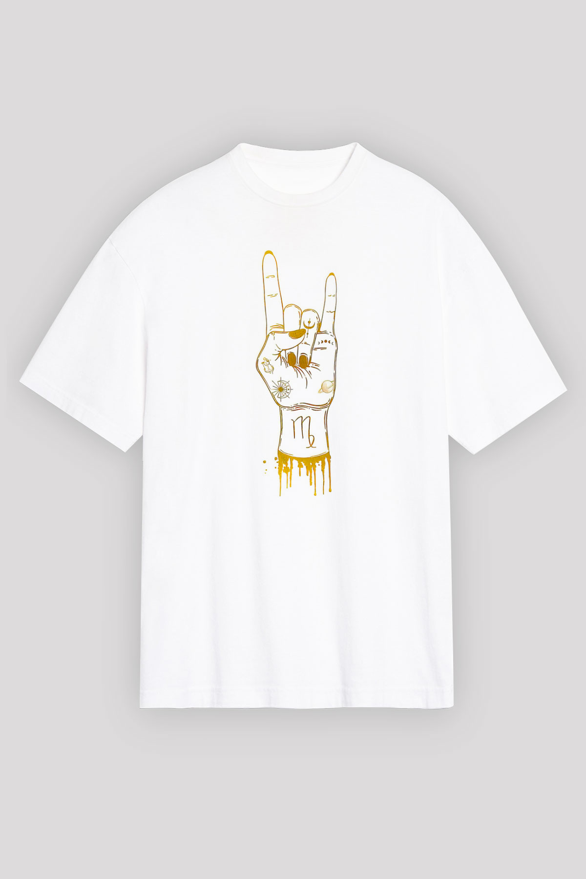 Başak Burcu Baskılı Beyaz Unisex Oversize Tişört - Tshirt