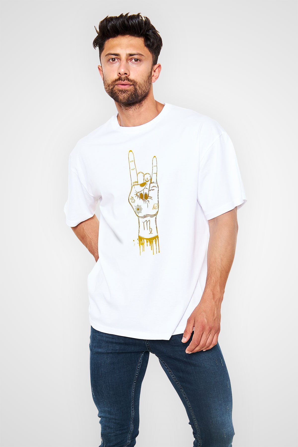 Başak Burcu Baskılı Beyaz Unisex Oversize Tişört - Tshirt