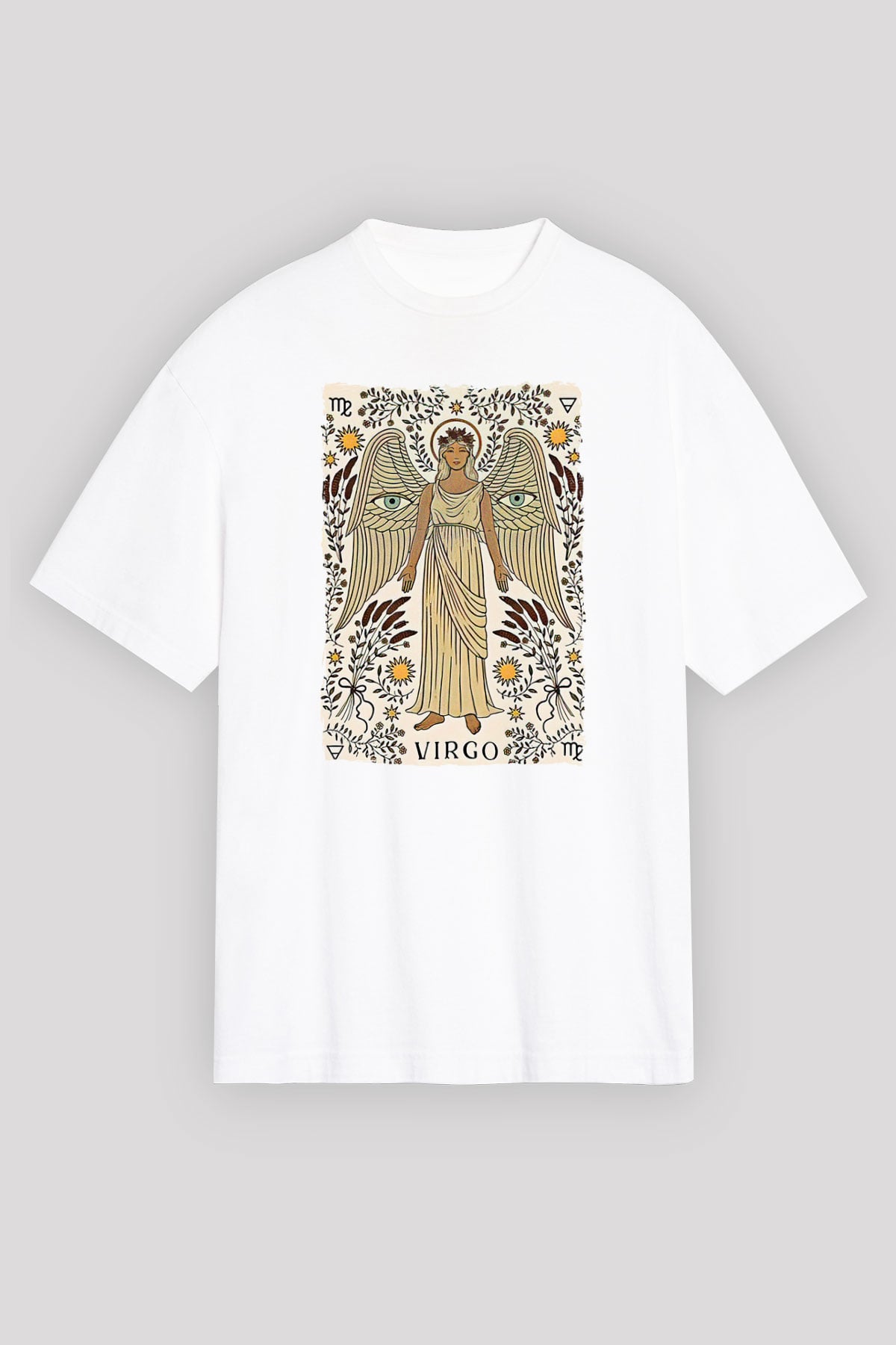 Başak Burcu Baskılı Beyaz Unisex Oversize Tişört - Tshirt