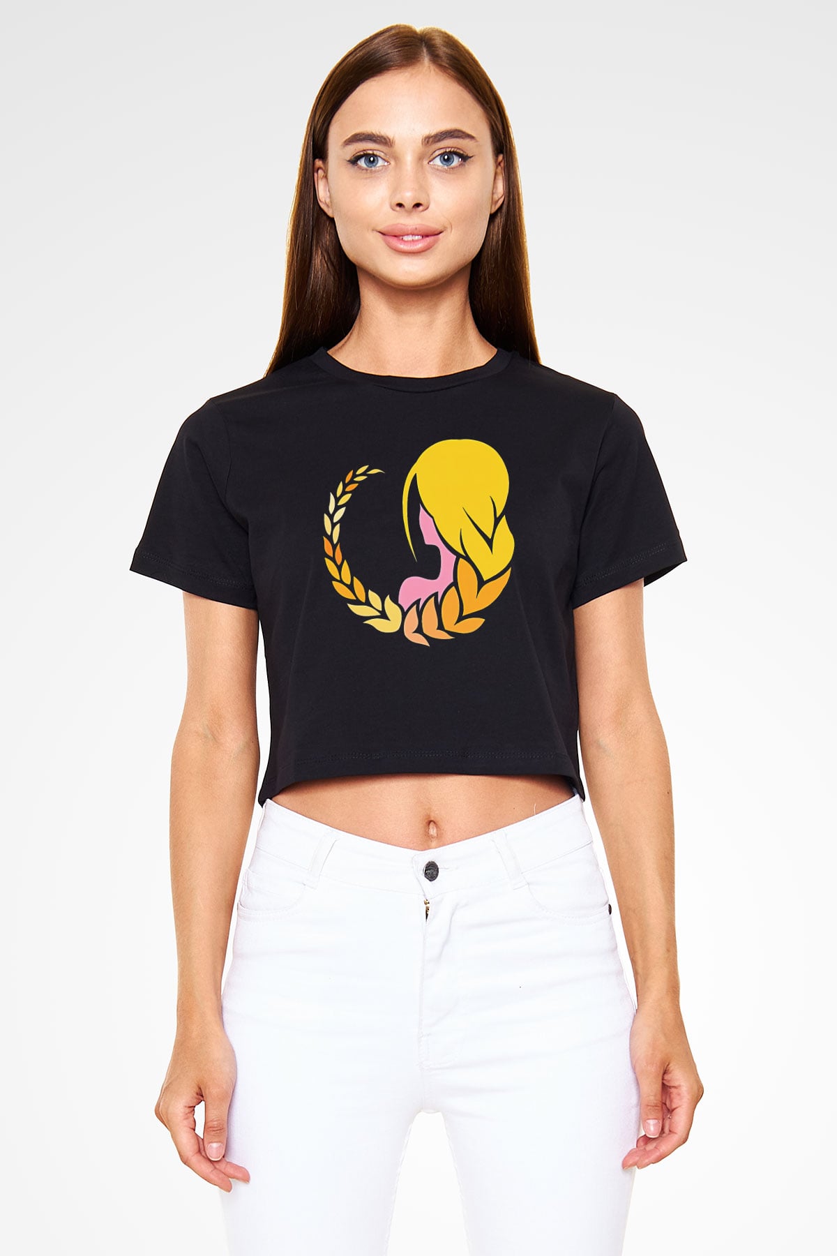 Başak Burcu Baskılı Siyah Crop Top Kadın Tişört - Tshirt