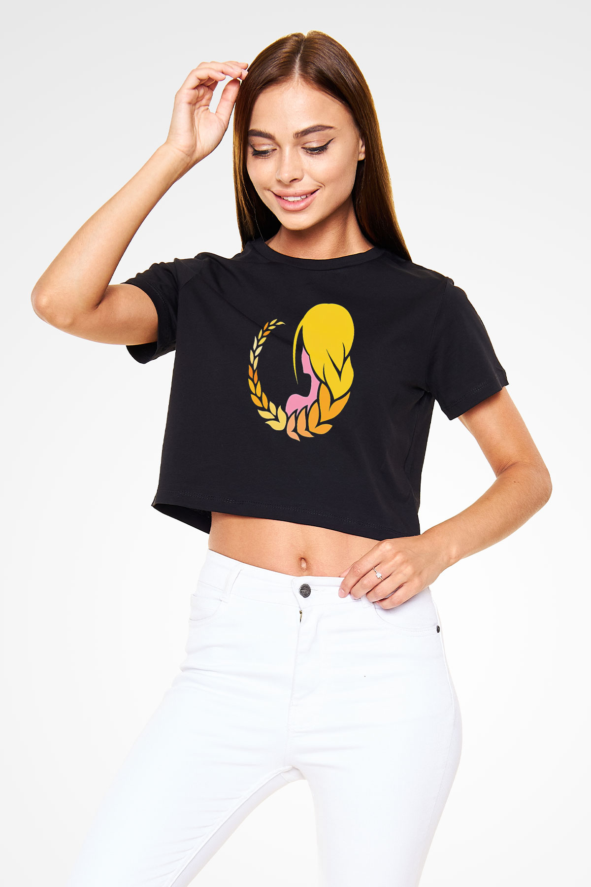 Başak Burcu Baskılı Siyah Crop Top Kadın Tişört - Tshirt