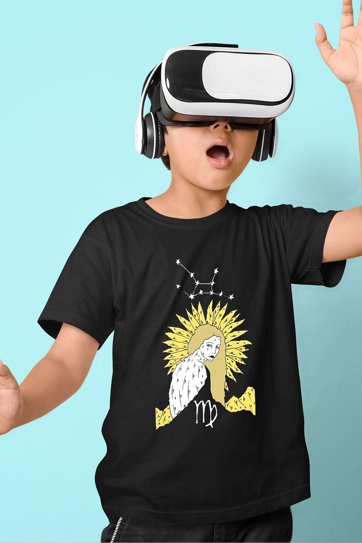 Başak Burcu Baskılı Unisex Siyah Çocuk Tişört - Tshirt