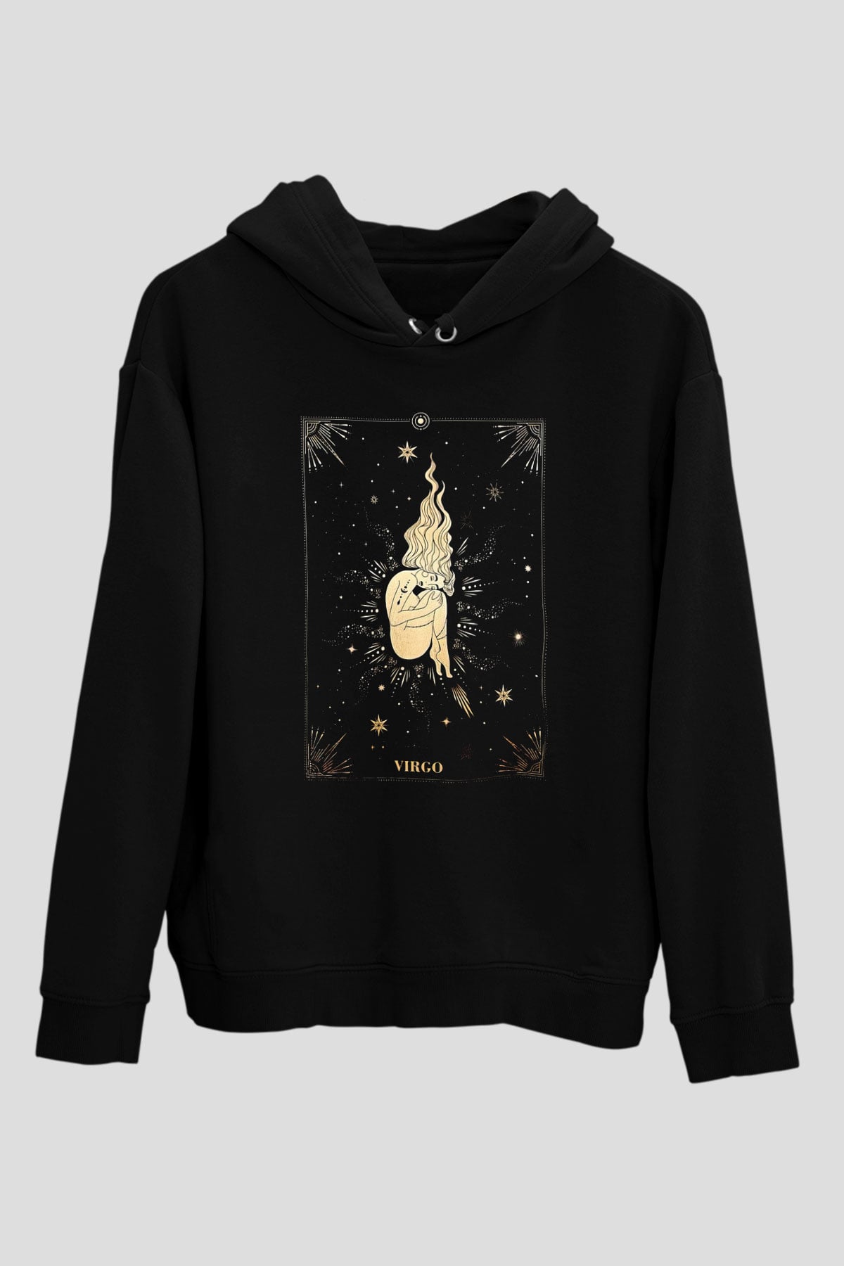 Başak Burcu Baskılı Unisex Siyah Hoodie