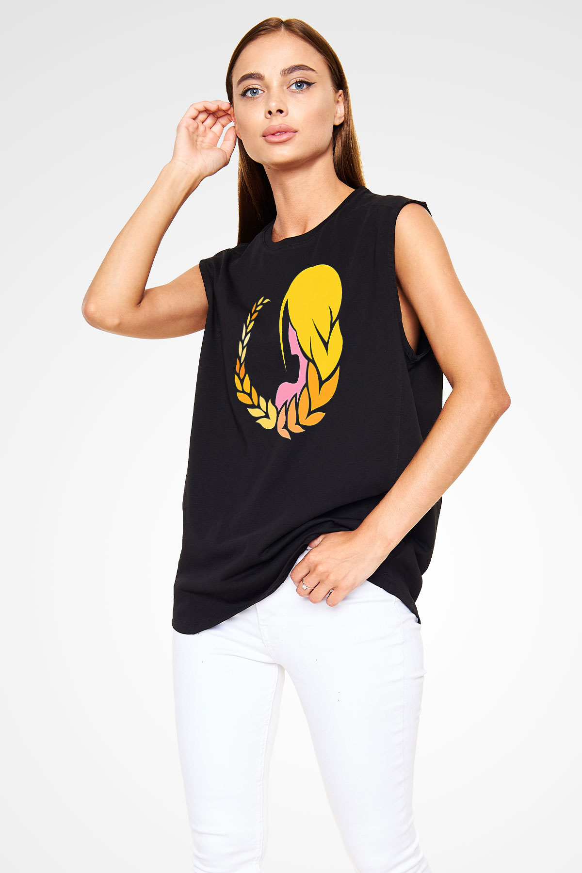 Başak Burcu Baskılı Unisex Siyah Kolsuz Tişört - Tshirt