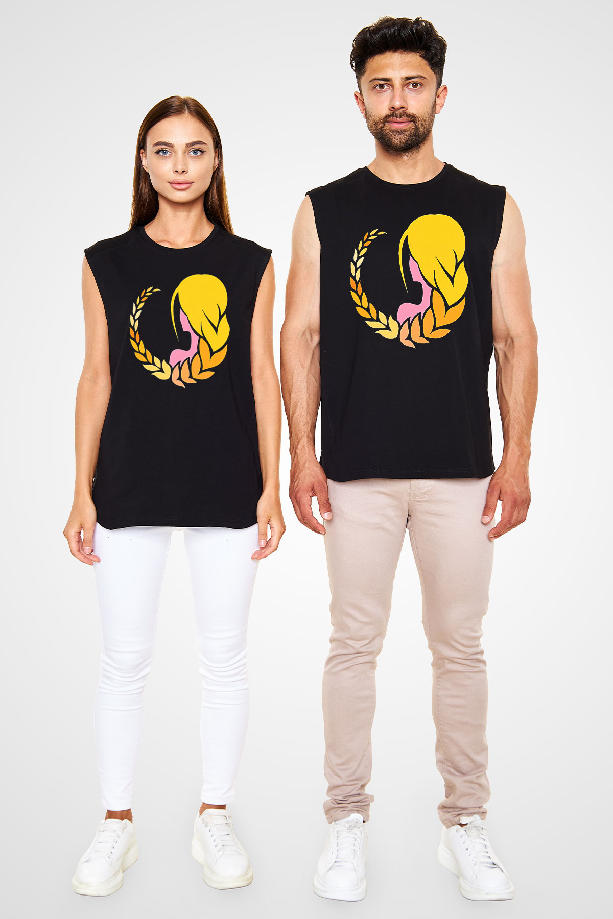 Başak Burcu Baskılı Unisex Siyah Kolsuz Tişört - Tshirt
