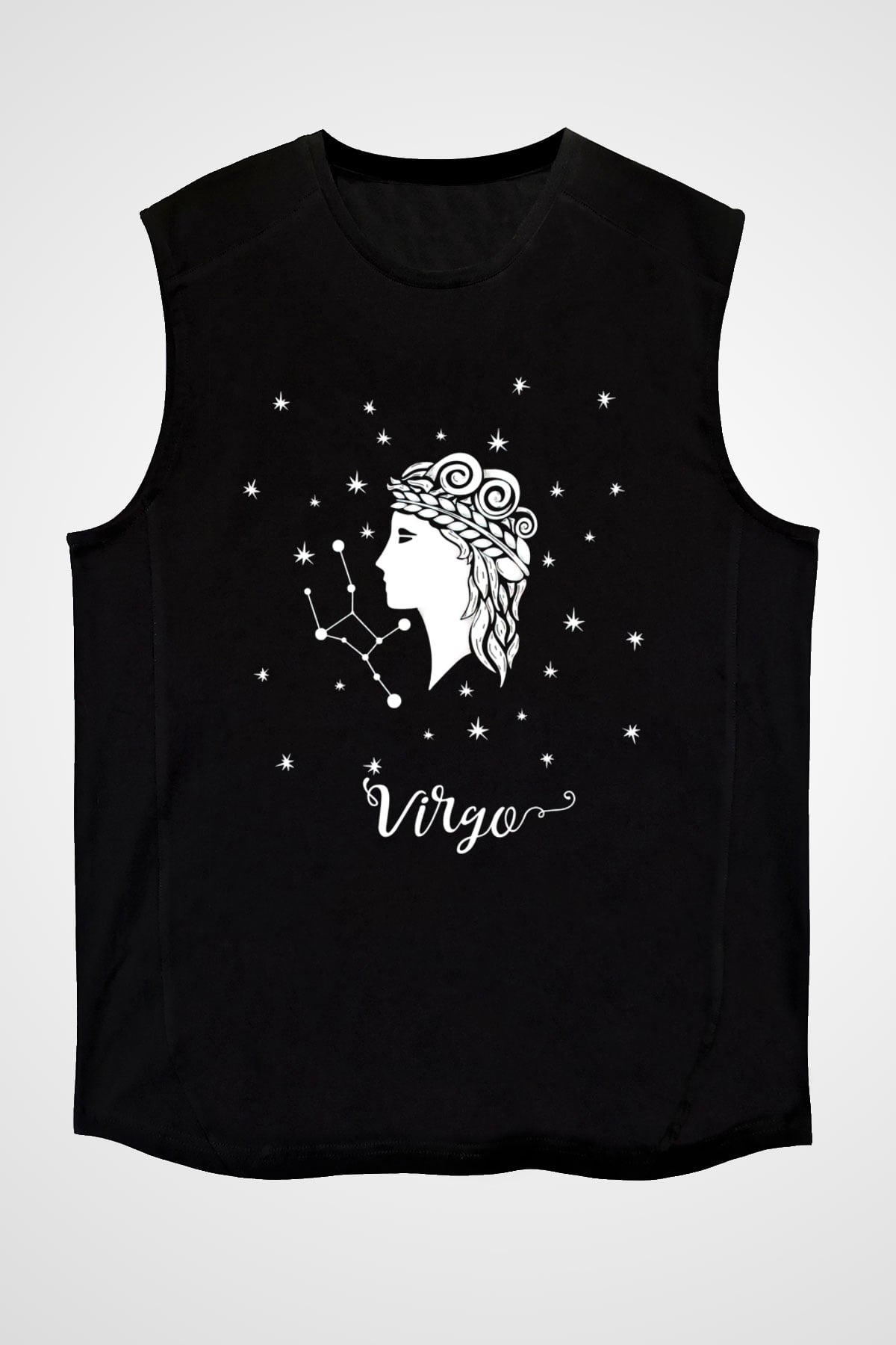 Başak Burcu Baskılı Unisex Siyah Kolsuz Tişört - Tshirt