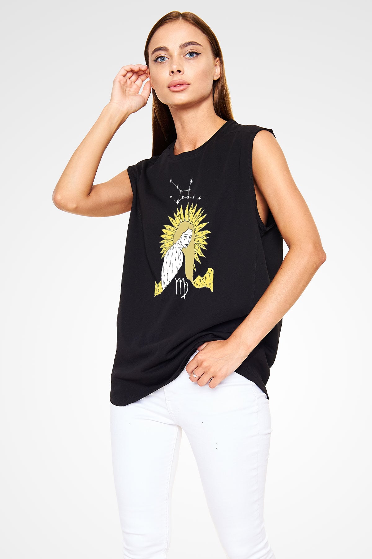 Başak Burcu Baskılı Unisex Siyah Kolsuz Tişört - Tshirt