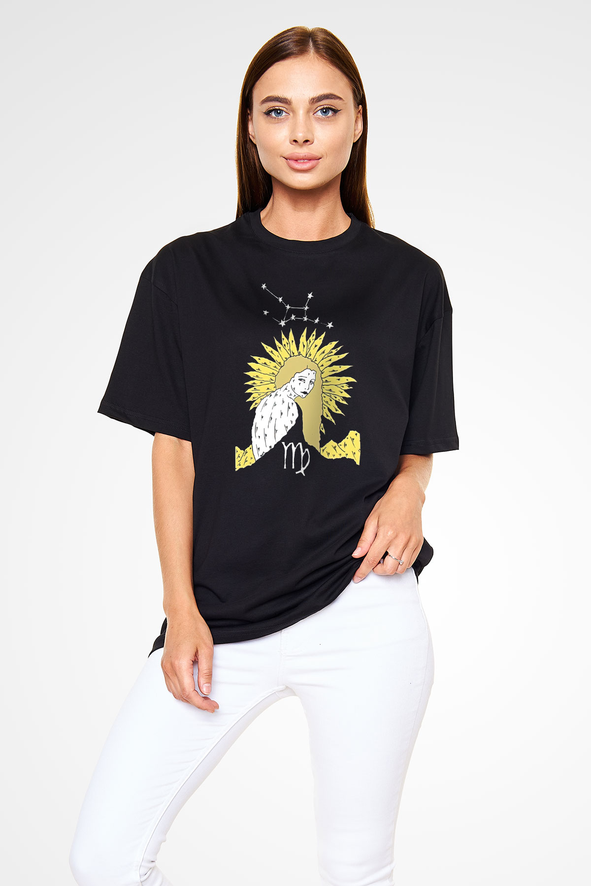 Başak Burcu Baskılı Unisex Siyah Oversize Tişört - Tshirt