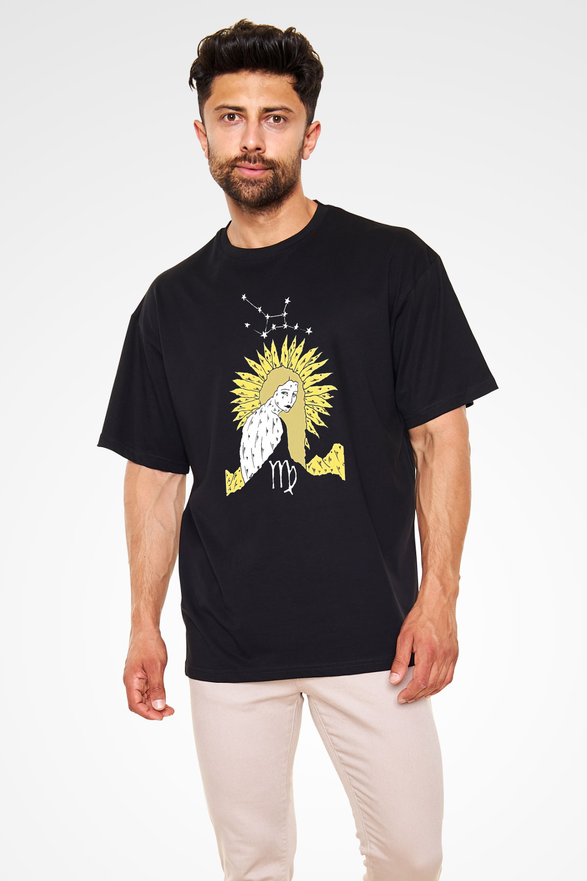 Başak Burcu Baskılı Unisex Siyah Oversize Tişört - Tshirt