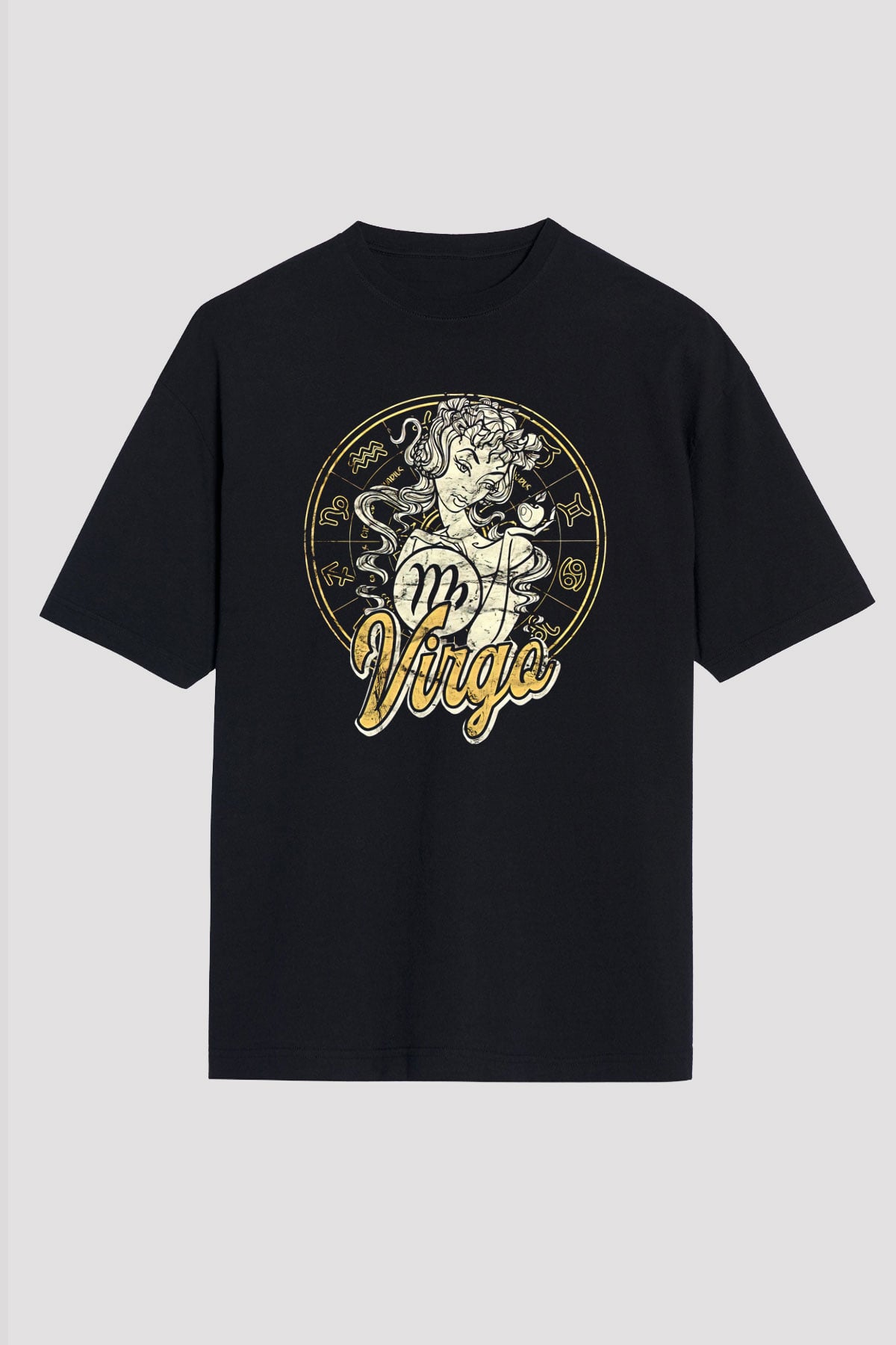 Başak Burcu Baskılı Unisex Siyah Oversize Tişört - Tshirt