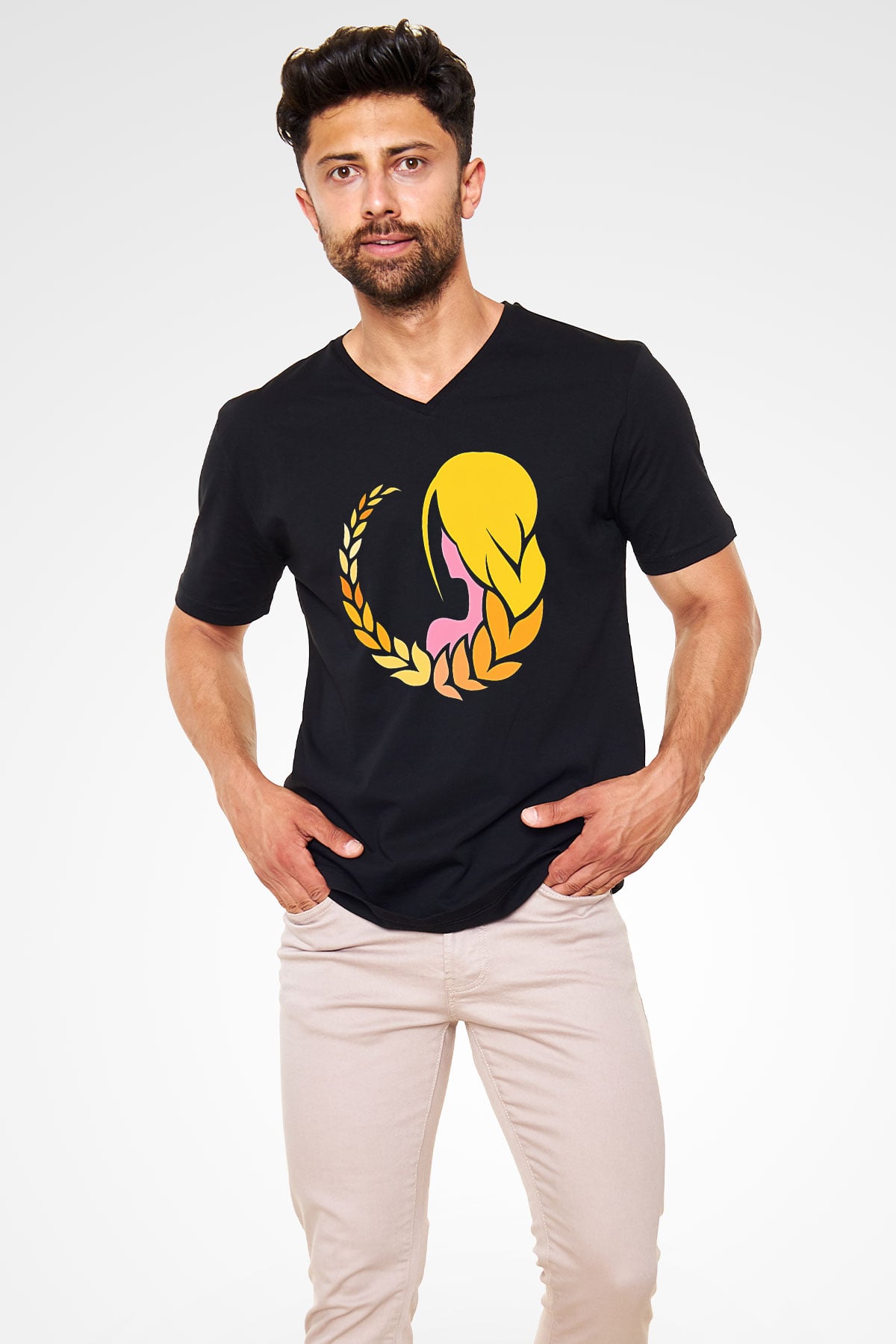 Başak Burcu Baskılı Unisex Siyah V Yaka Tişört - Tshirt