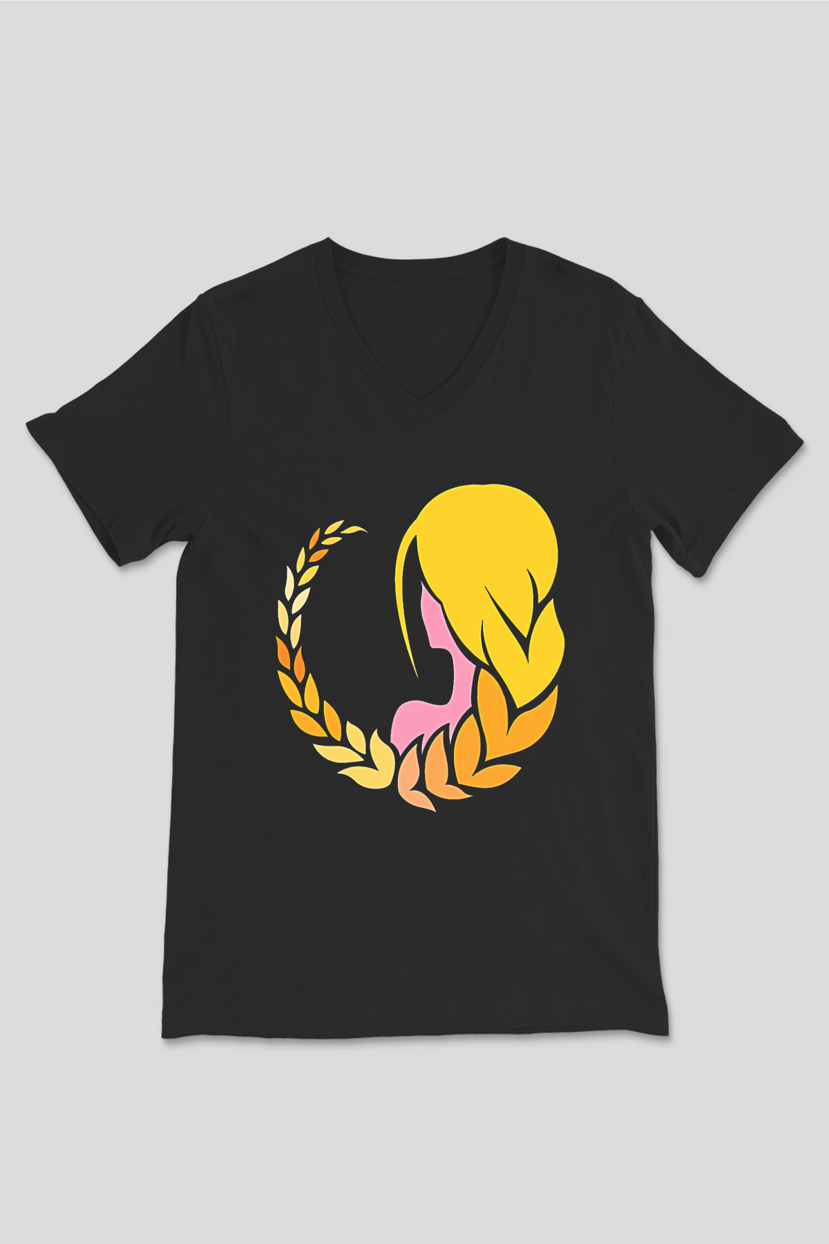 Başak Burcu Baskılı Unisex Siyah V Yaka Tişört - Tshirt