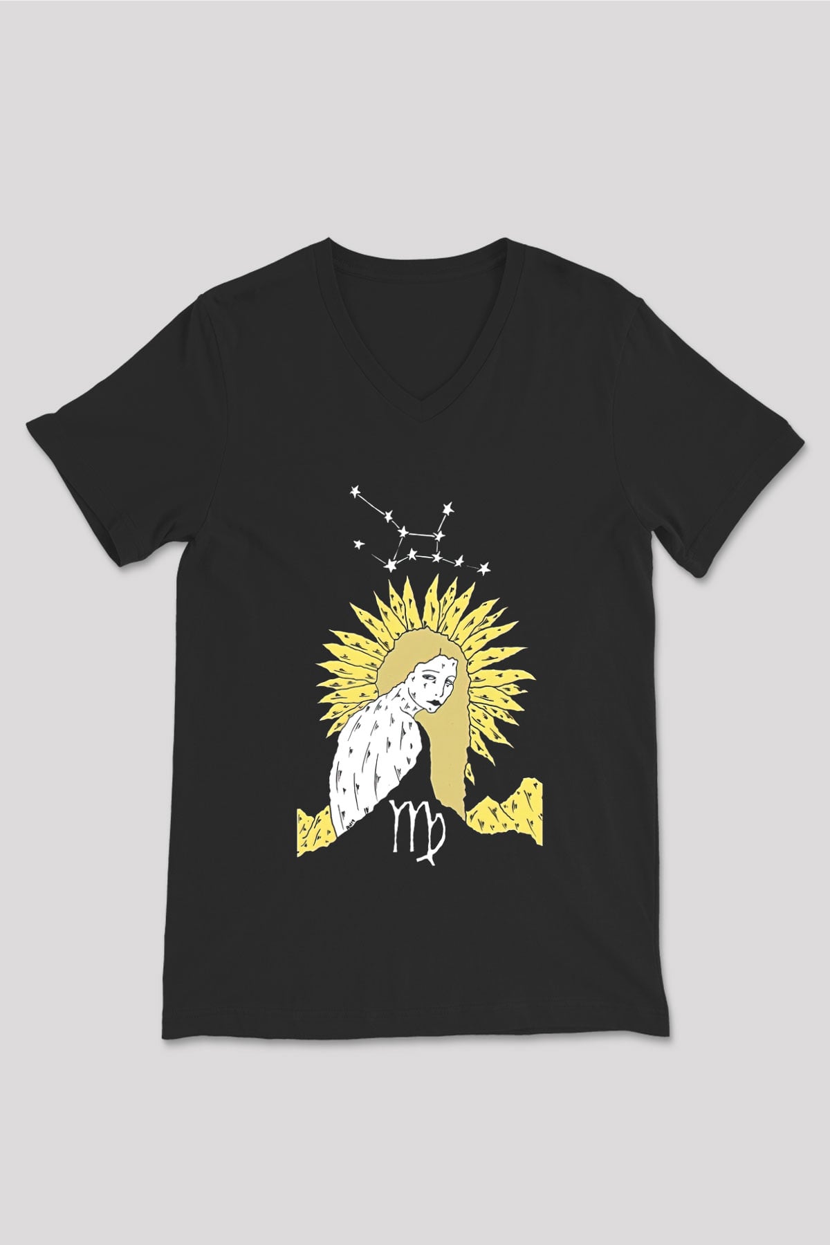 Başak Burcu Baskılı Unisex Siyah V Yaka Tişört - Tshirt