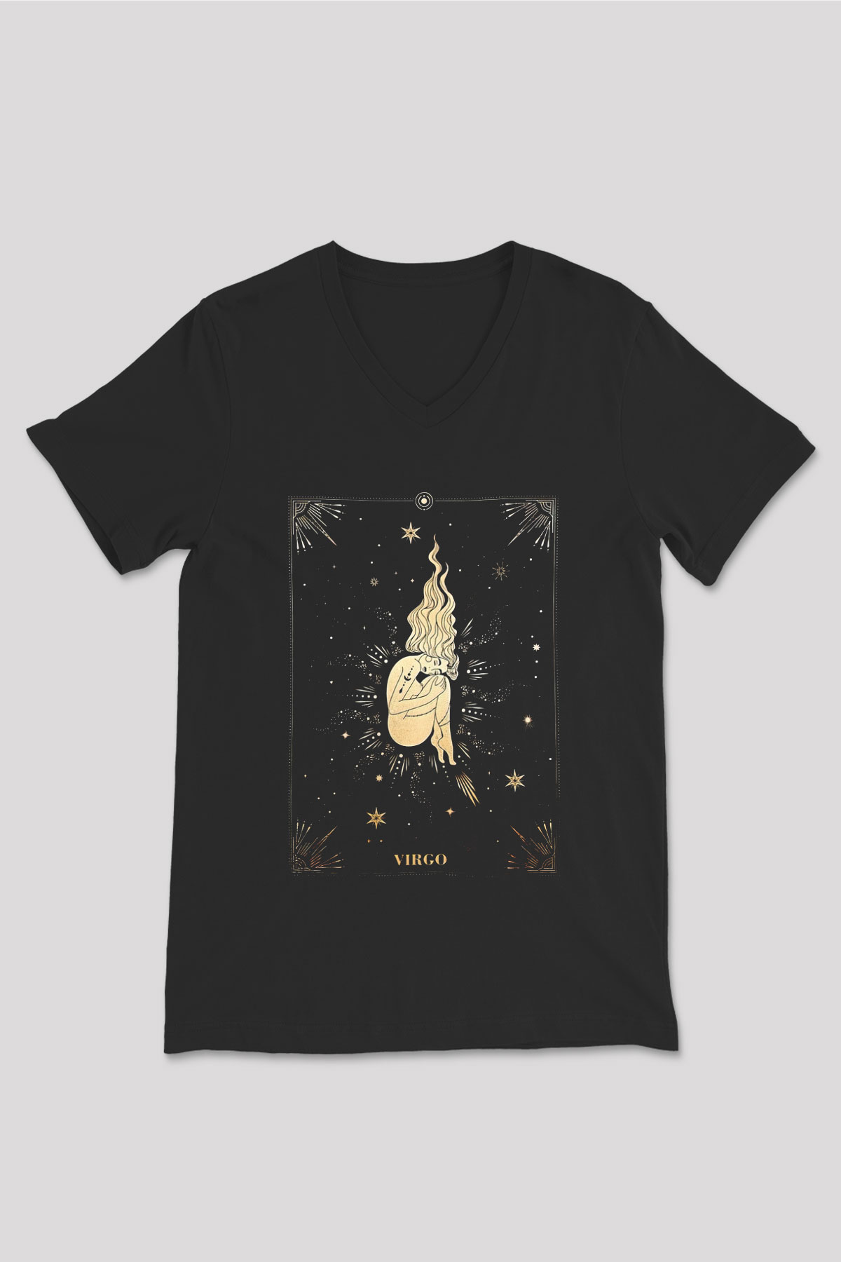 Başak Burcu Baskılı Unisex Siyah V Yaka Tişört - Tshirt