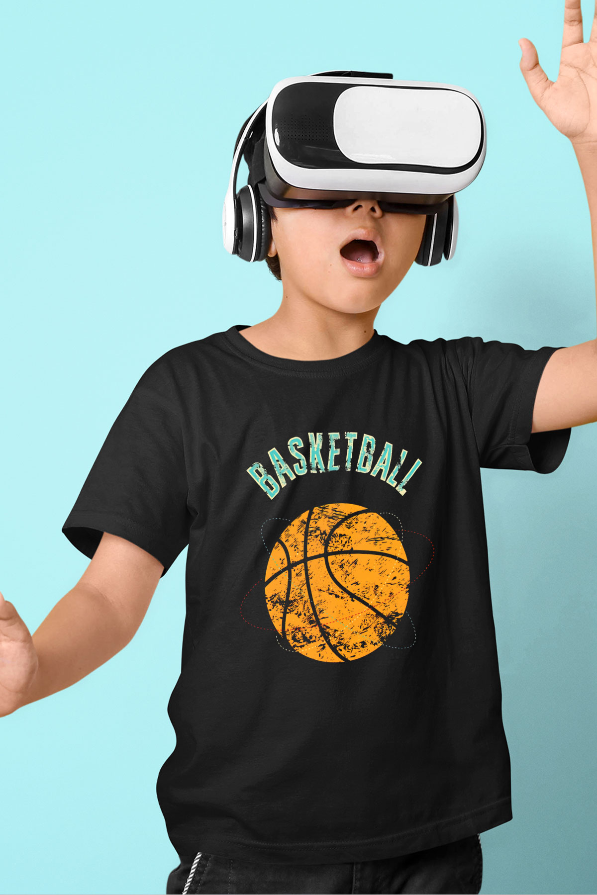 Basketbol Baskılı Siyah Unisex Çocuk Tişört
