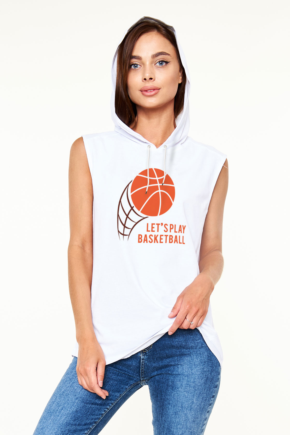 Basketbol Beyaz Unisex Kapüşonlu Kolsuz Tişört