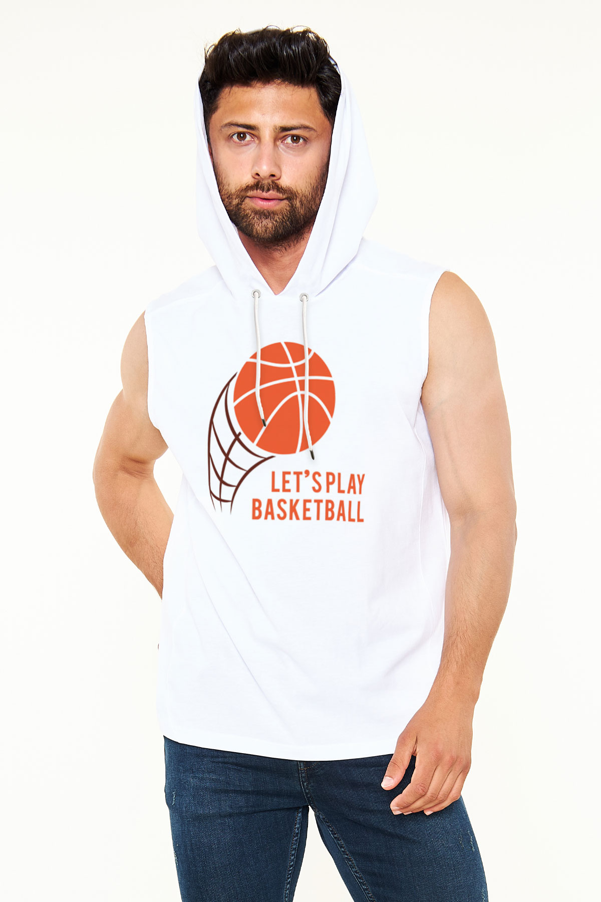 Basketbol Beyaz Unisex Kapüşonlu Kolsuz Tişört