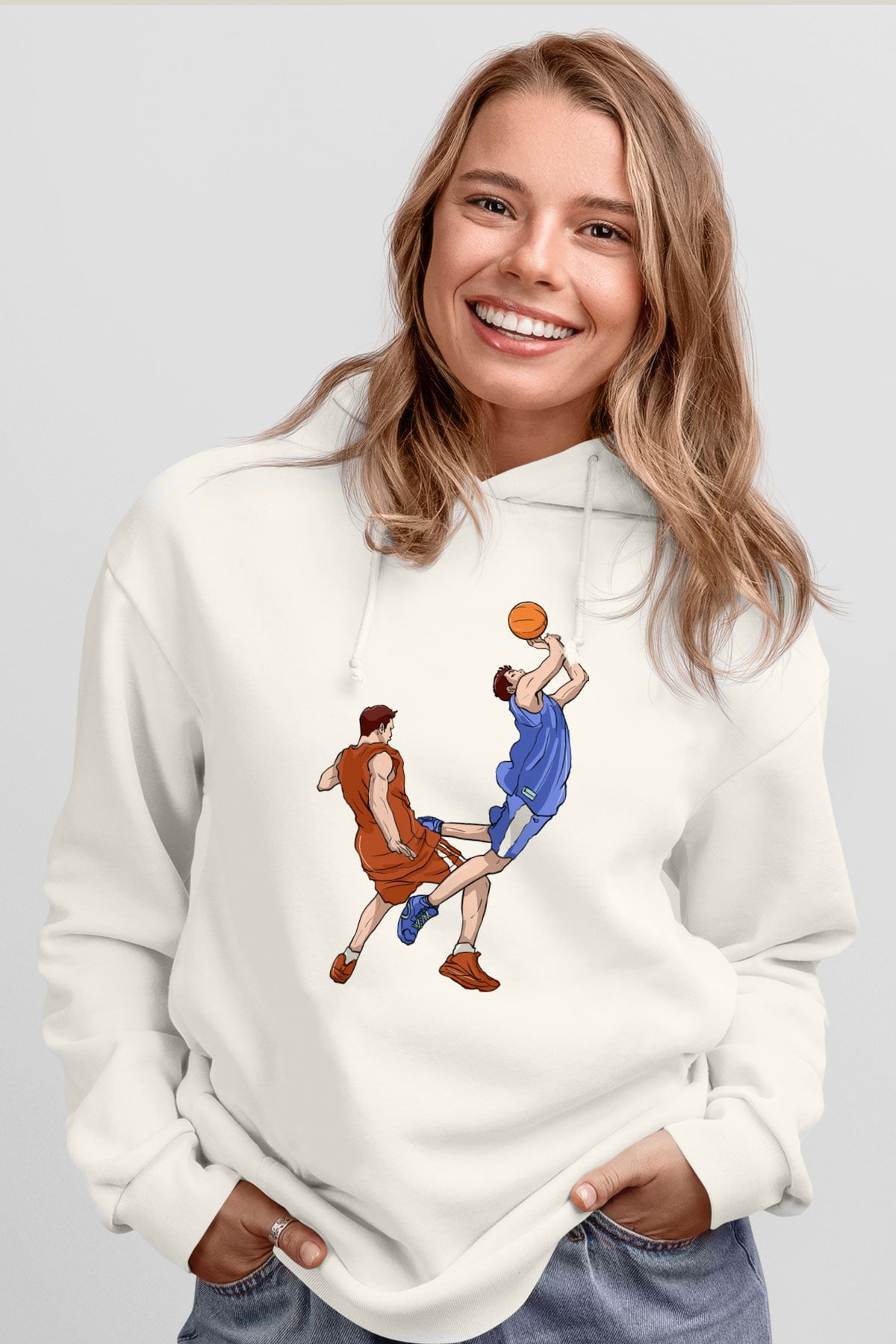 Basketbol Beyaz Unisex Kapüşonlu Sweatshirt