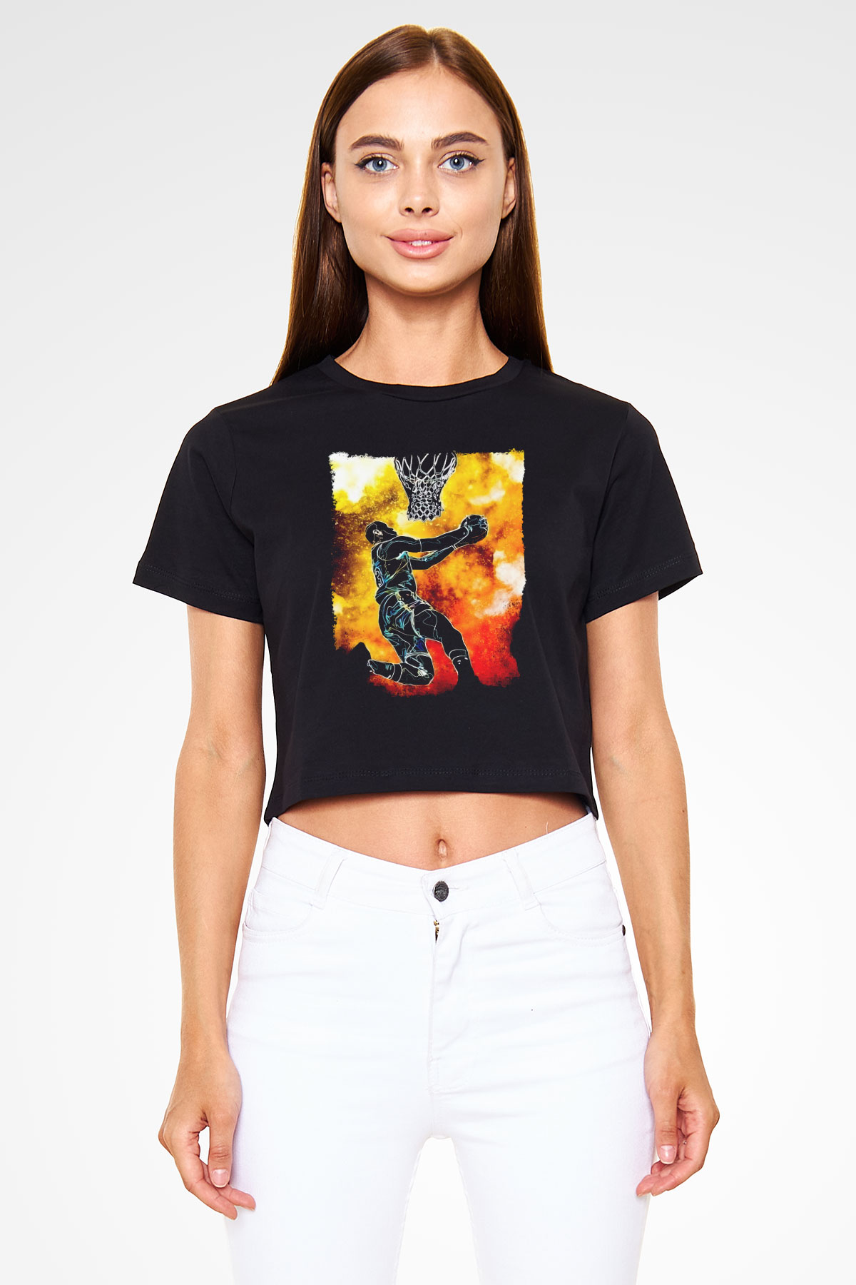 Basketbol Temalı Baskılı  Siyah  Crop Top Tişört