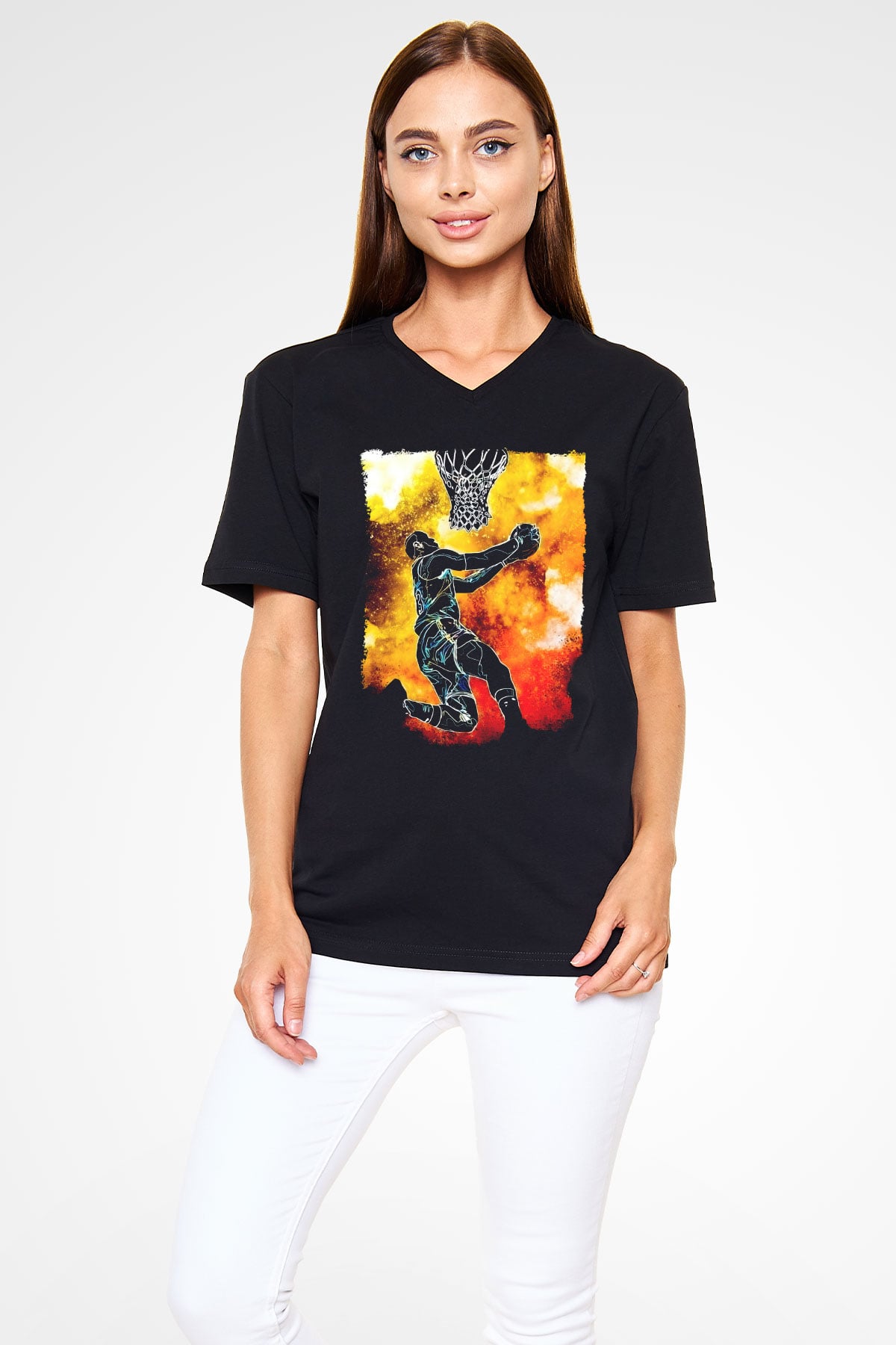 Basketbol Temalı Baskılı Unisex Siyah  V Yaka Tişört