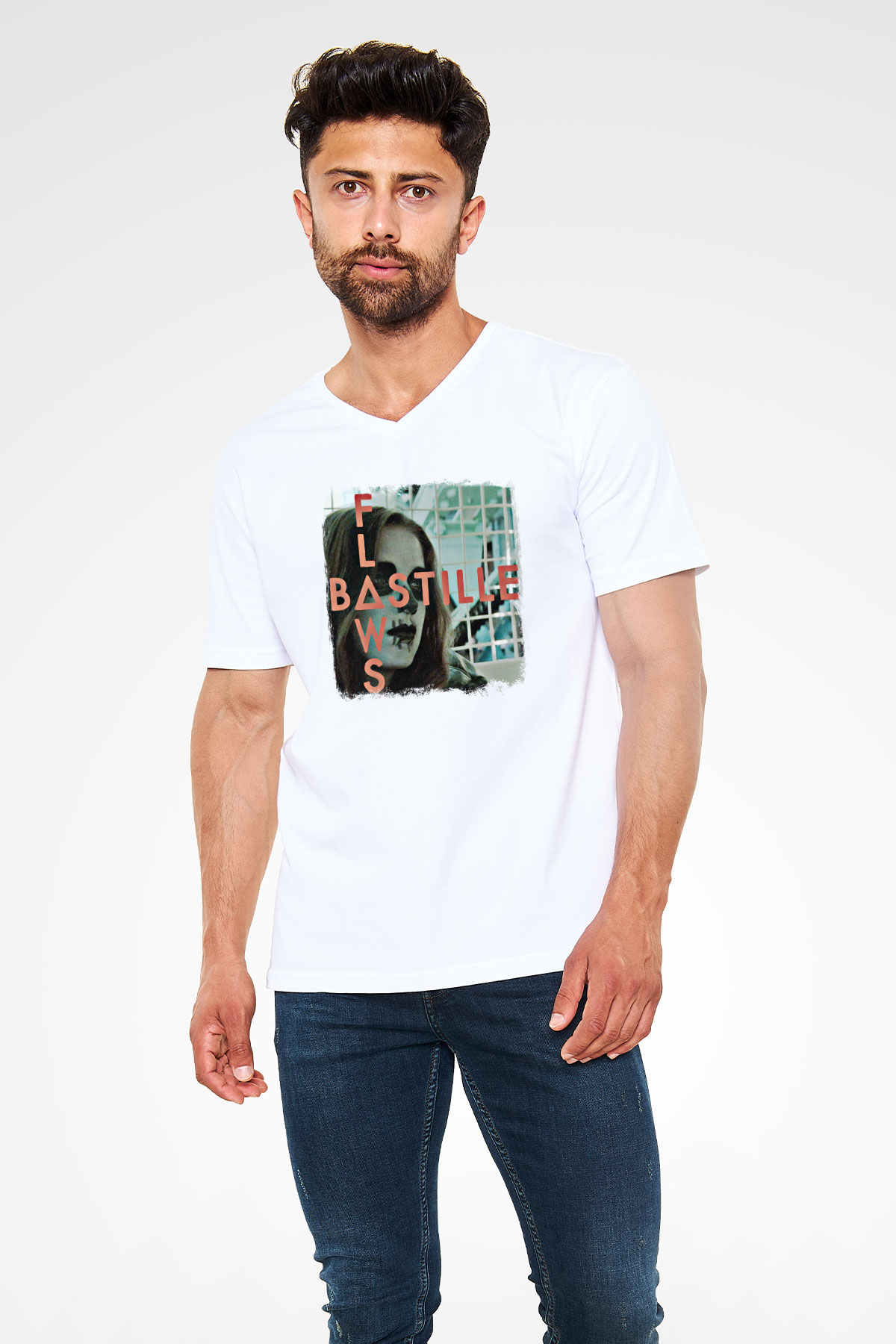 Bastille Baskılı Unisex Beyaz V Yaka Tişört