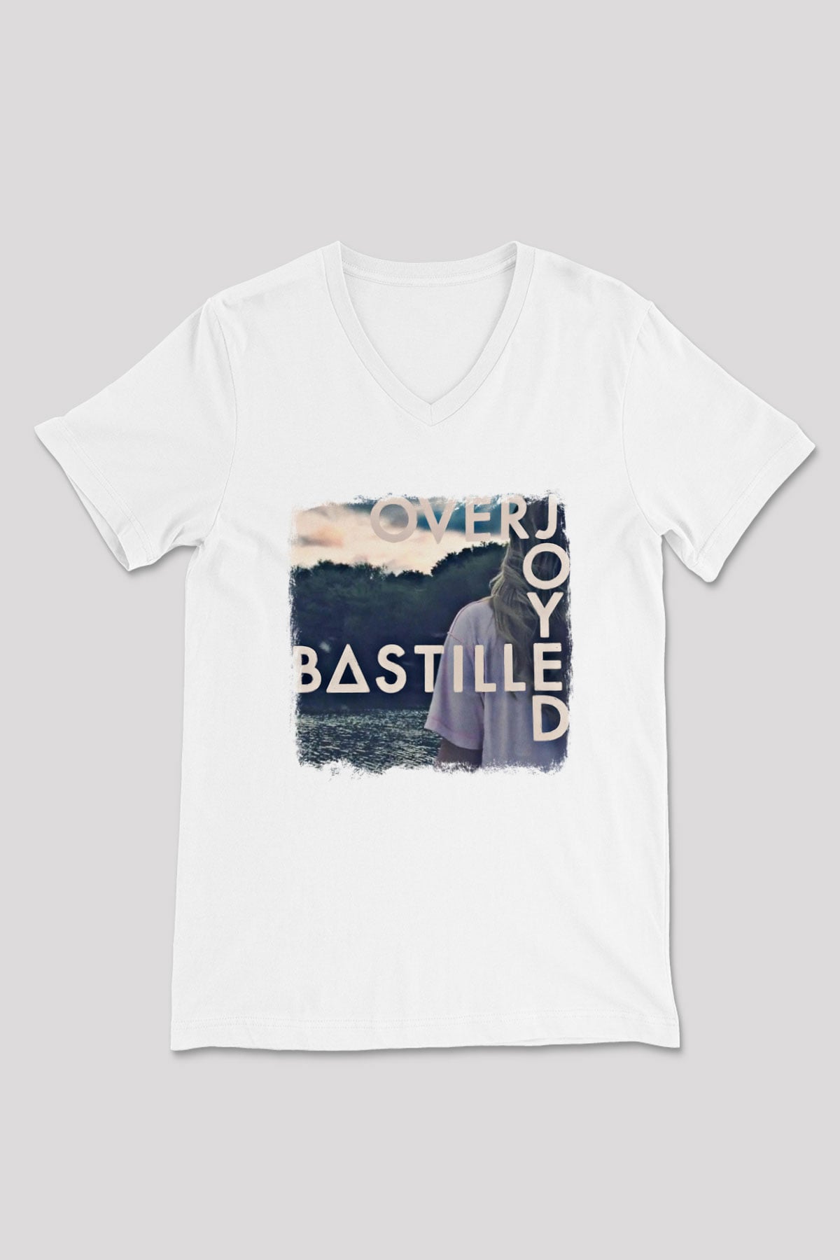 Bastille Baskılı Unisex Beyaz V Yaka Tişört