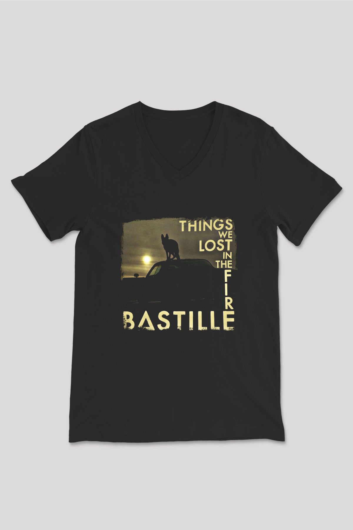 Bastille Baskılı Unisex Siyah V Yaka Tişört