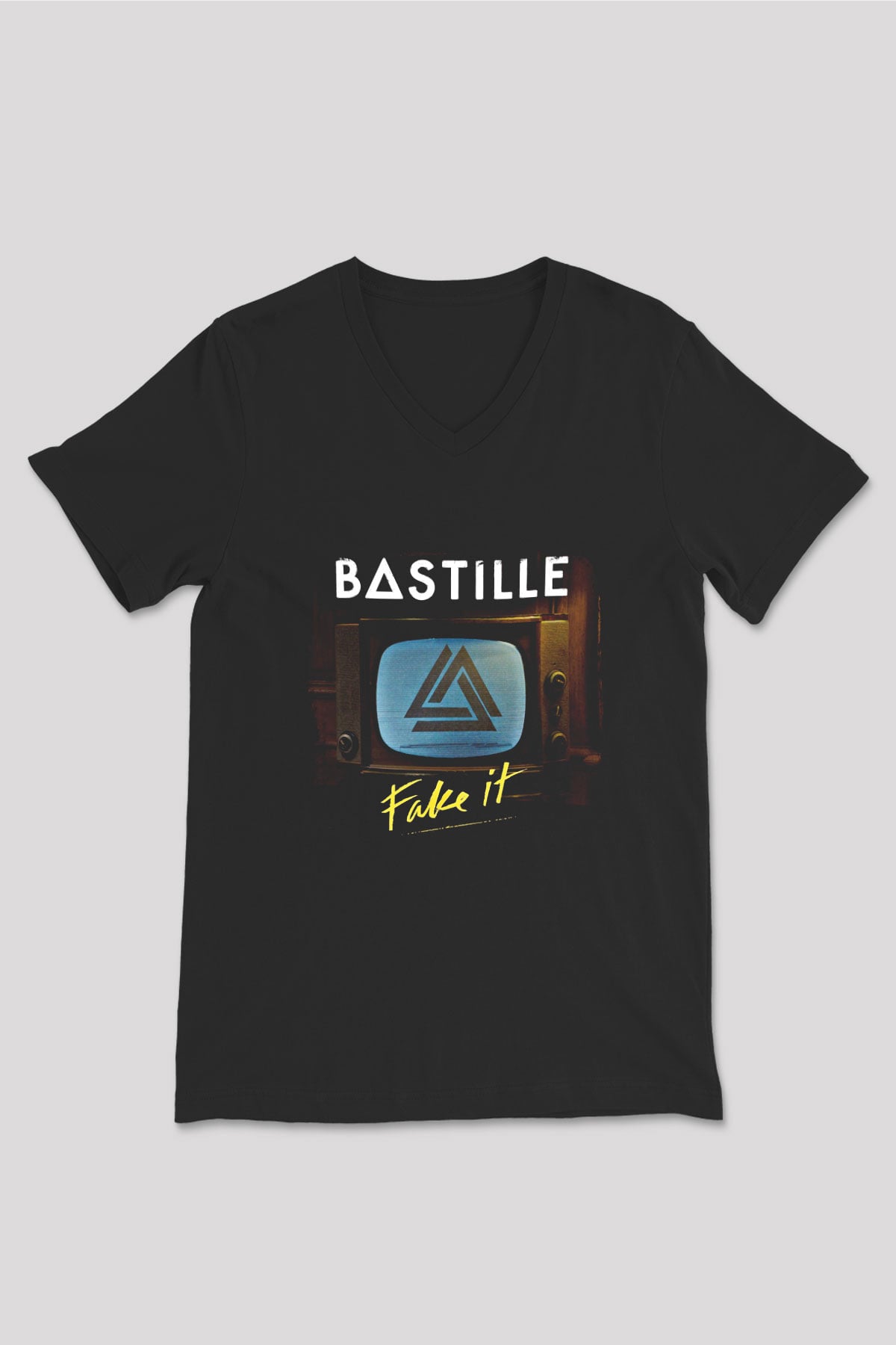 Bastille Baskılı Unisex Siyah V Yaka Tişört