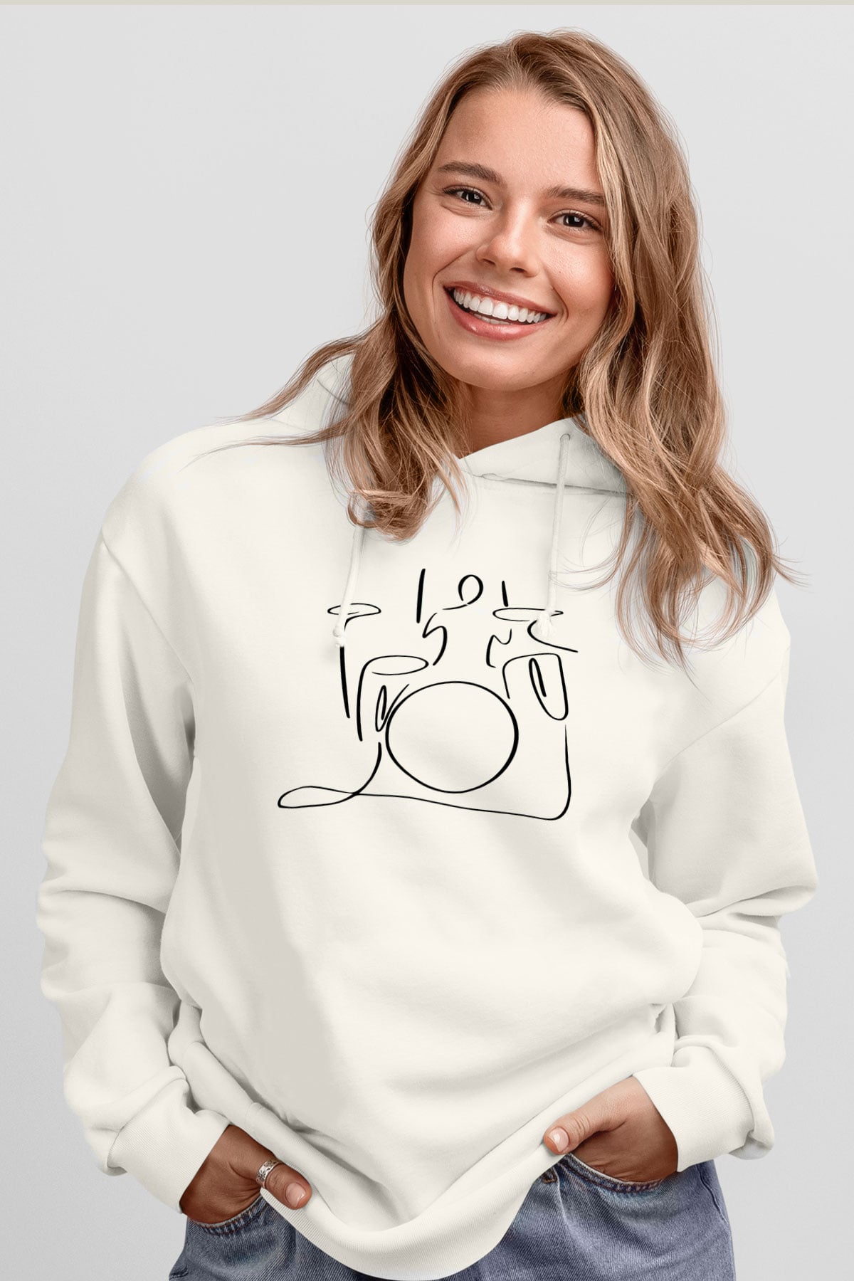 Bateri Baskılı Beyaz Unisex Hoodie