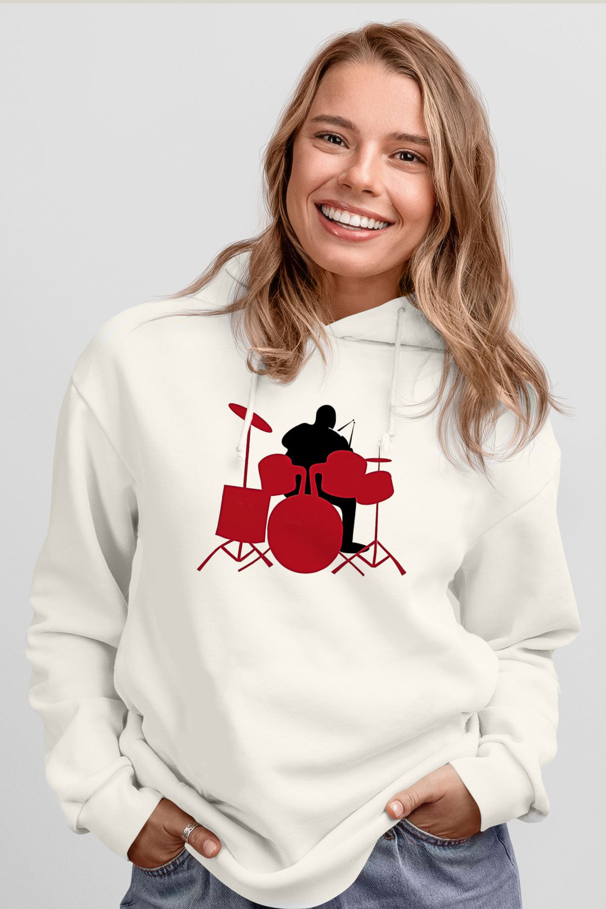 Bateri Baskılı Beyaz Unisex Hoodie