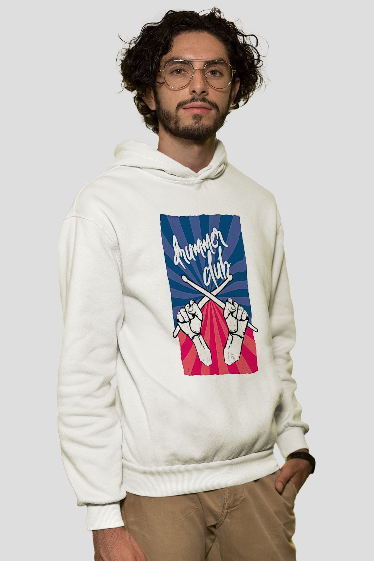 Bateri Baskılı Beyaz Unisex Hoodie
