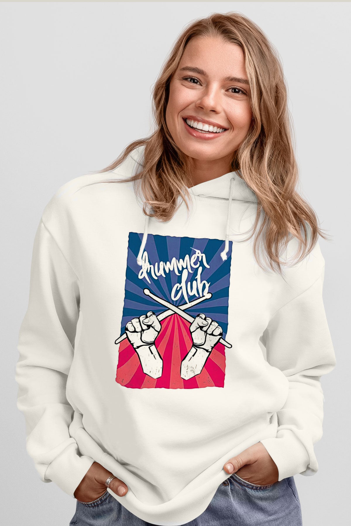 Bateri Baskılı Beyaz Unisex Hoodie