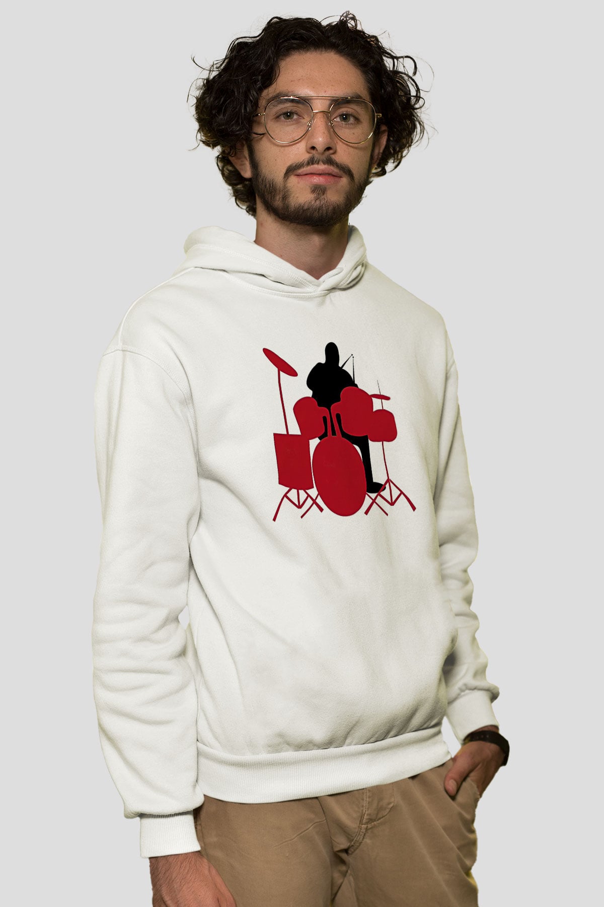 Bateri Baskılı Beyaz Unisex Hoodie