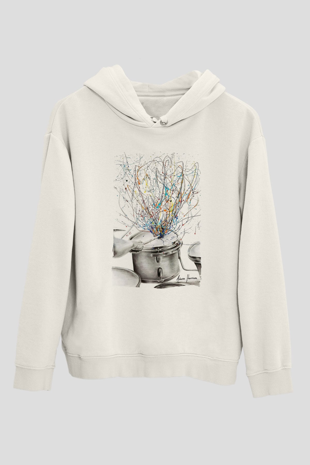 Bateri Baskılı Beyaz Unisex Hoodie