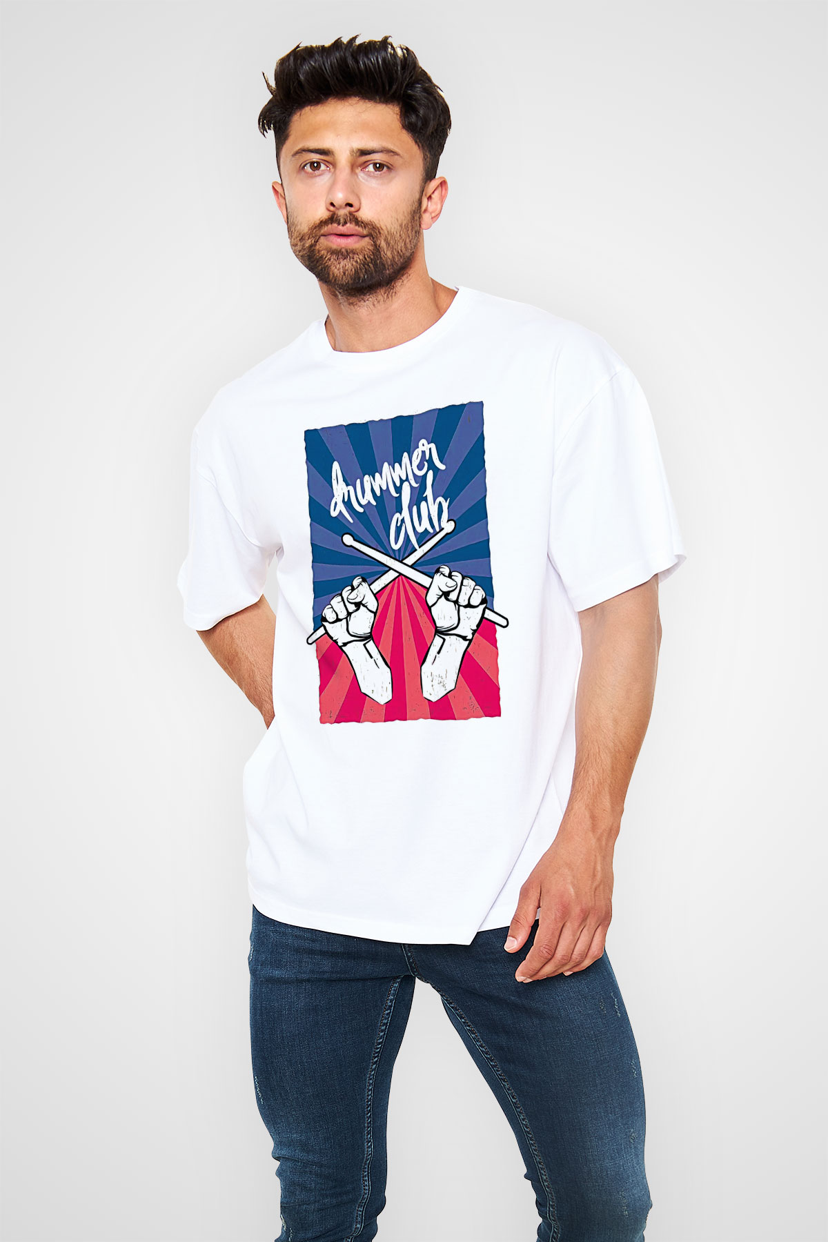 Bateri Baskılı Beyaz Unisex Oversize Tişört - Tshirt