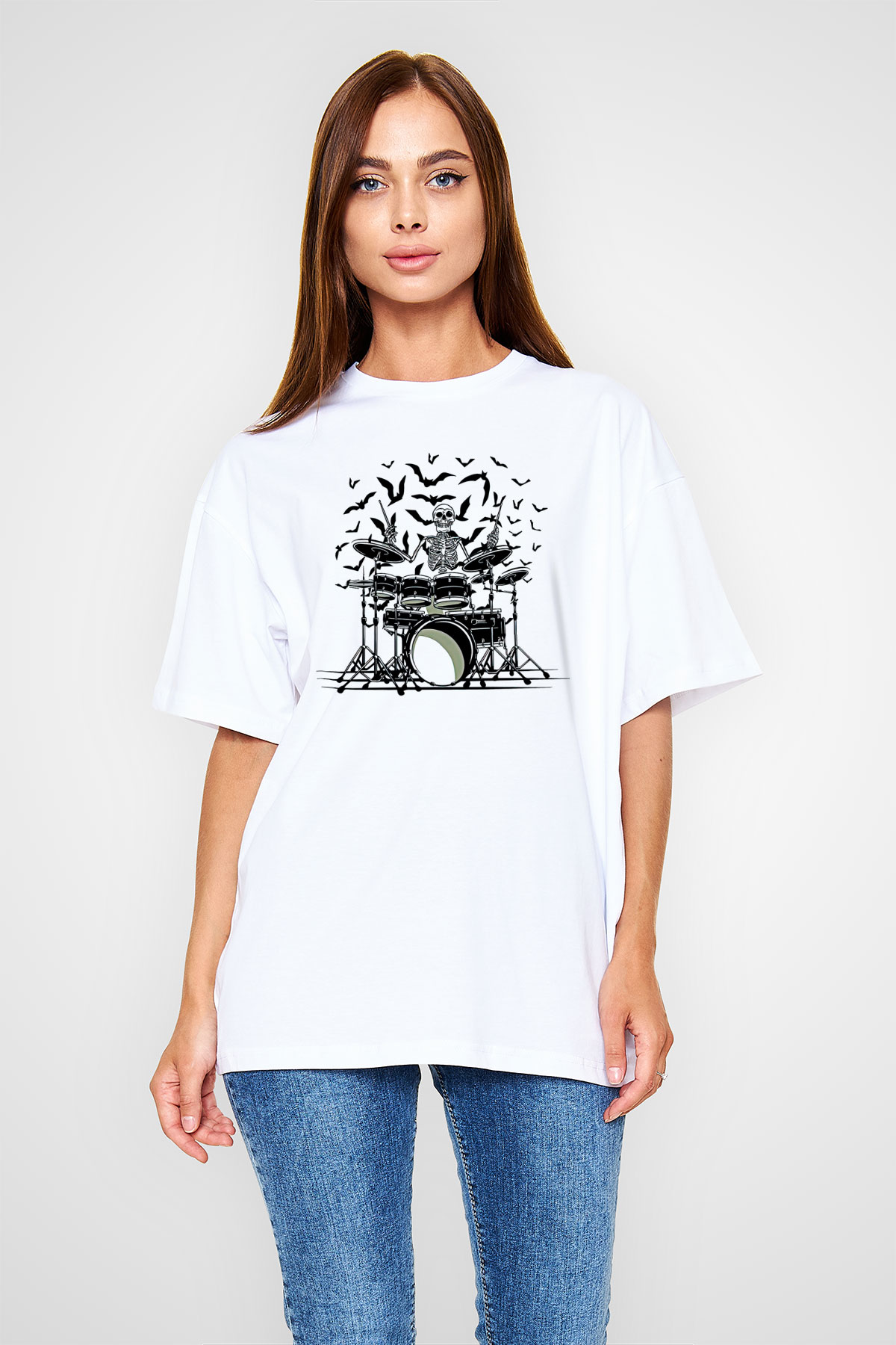 Bateri Baskılı Beyaz Unisex Oversize Tişört - Tshirt