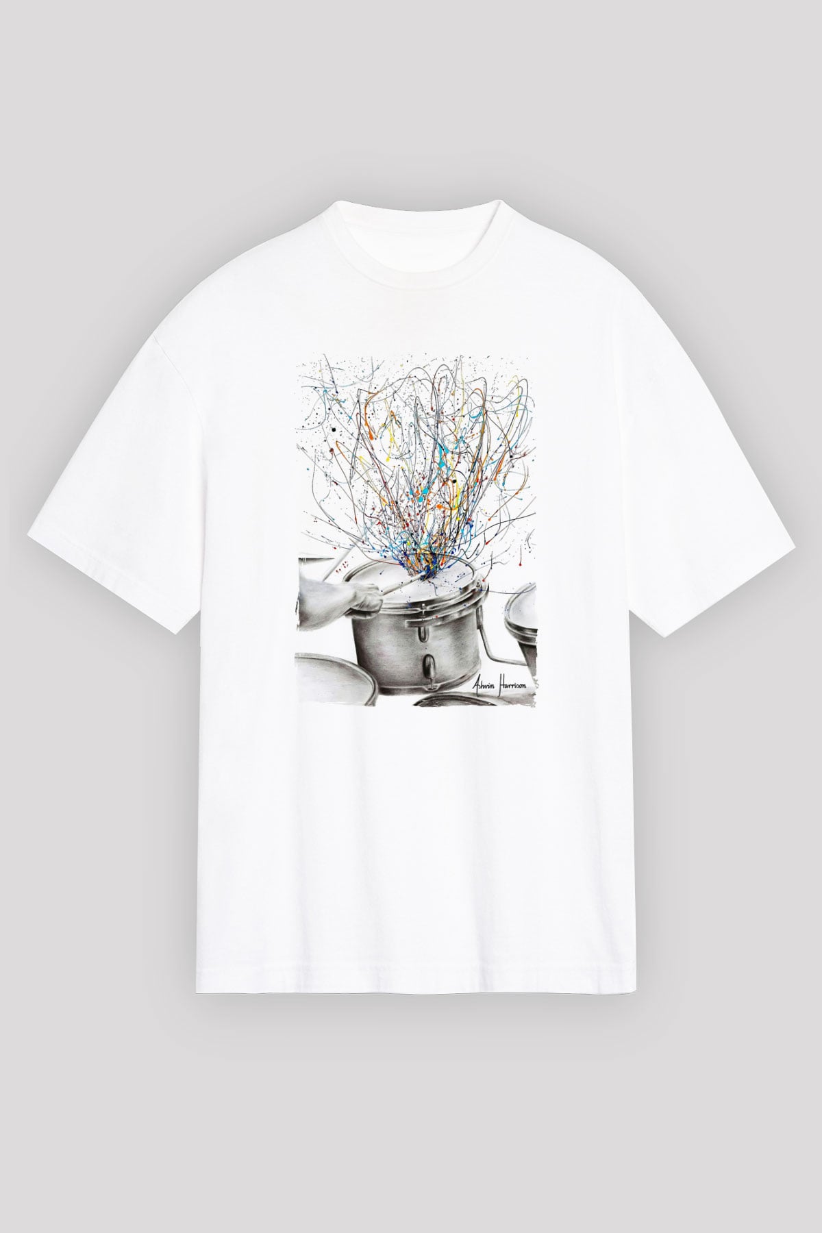 Bateri Baskılı Beyaz Unisex Oversize Tişört - Tshirt