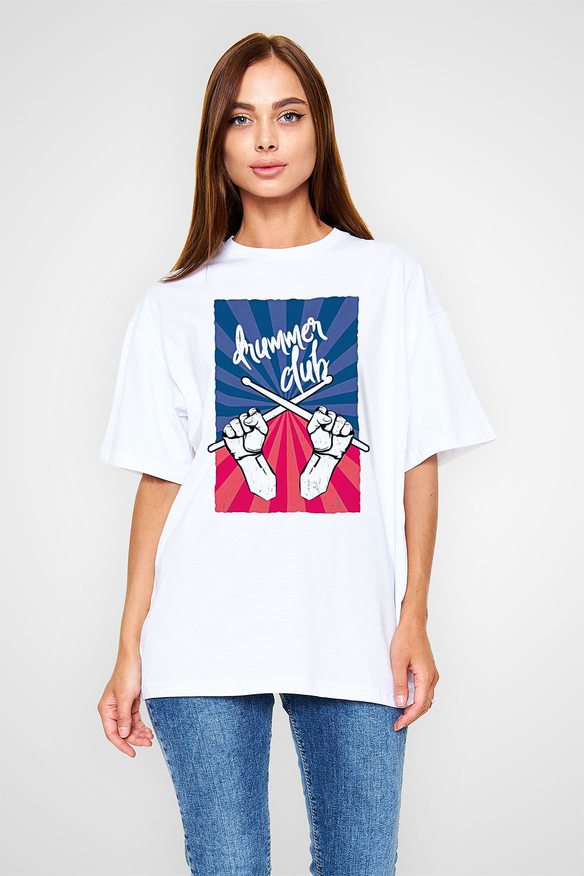 Bateri Baskılı Beyaz Unisex Oversize Tişört - Tshirt