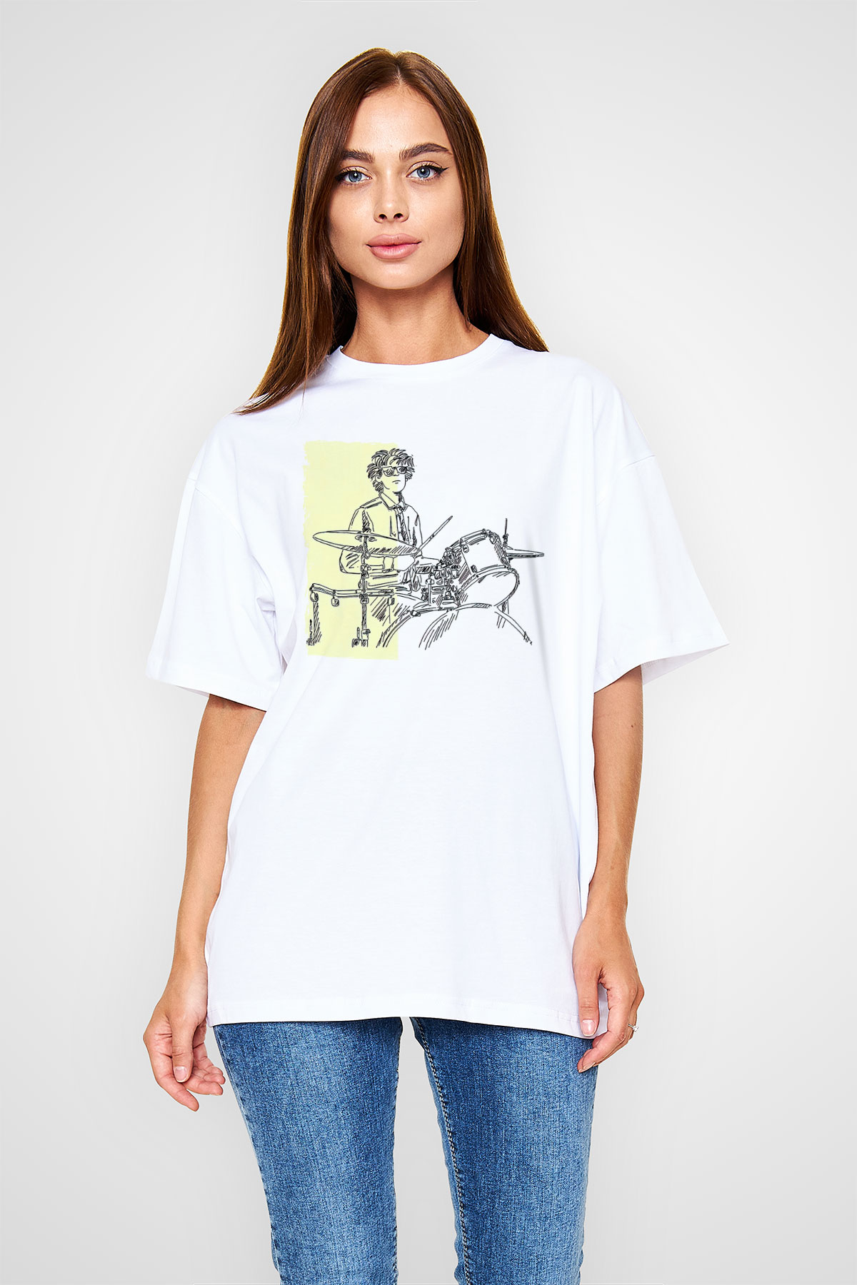 Bateri Baskılı Beyaz Unisex Oversize Tişört - Tshirt
