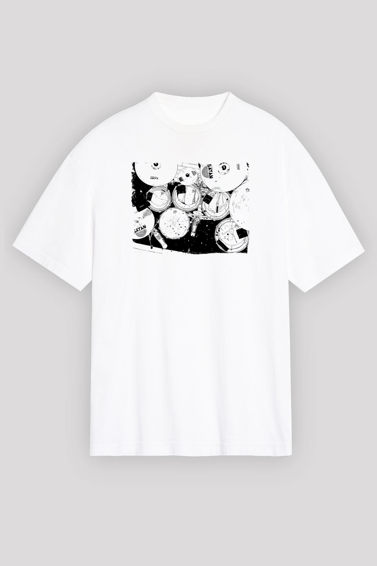 Bateri Baskılı Beyaz Unisex Oversize Tişört - Tshirt