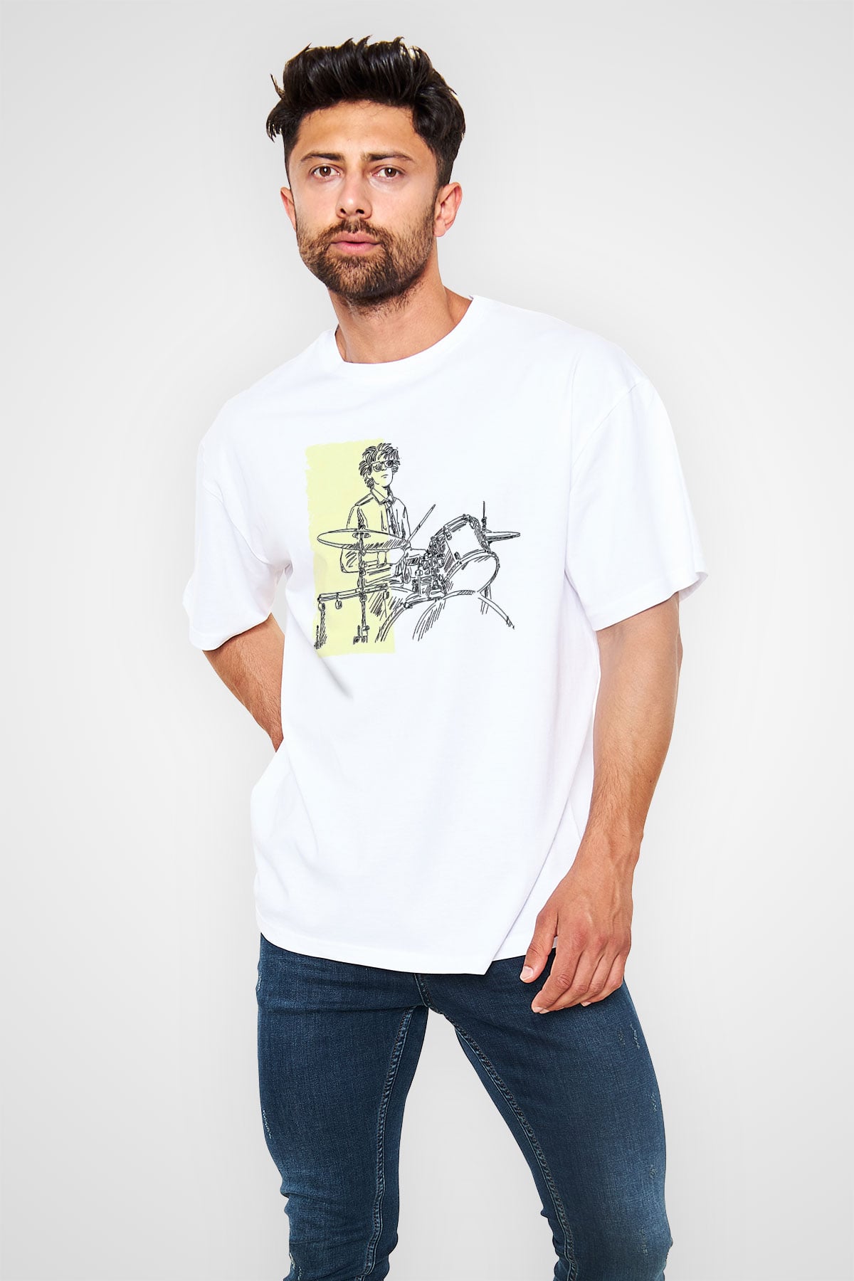 Bateri Baskılı Beyaz Unisex Oversize Tişört - Tshirt