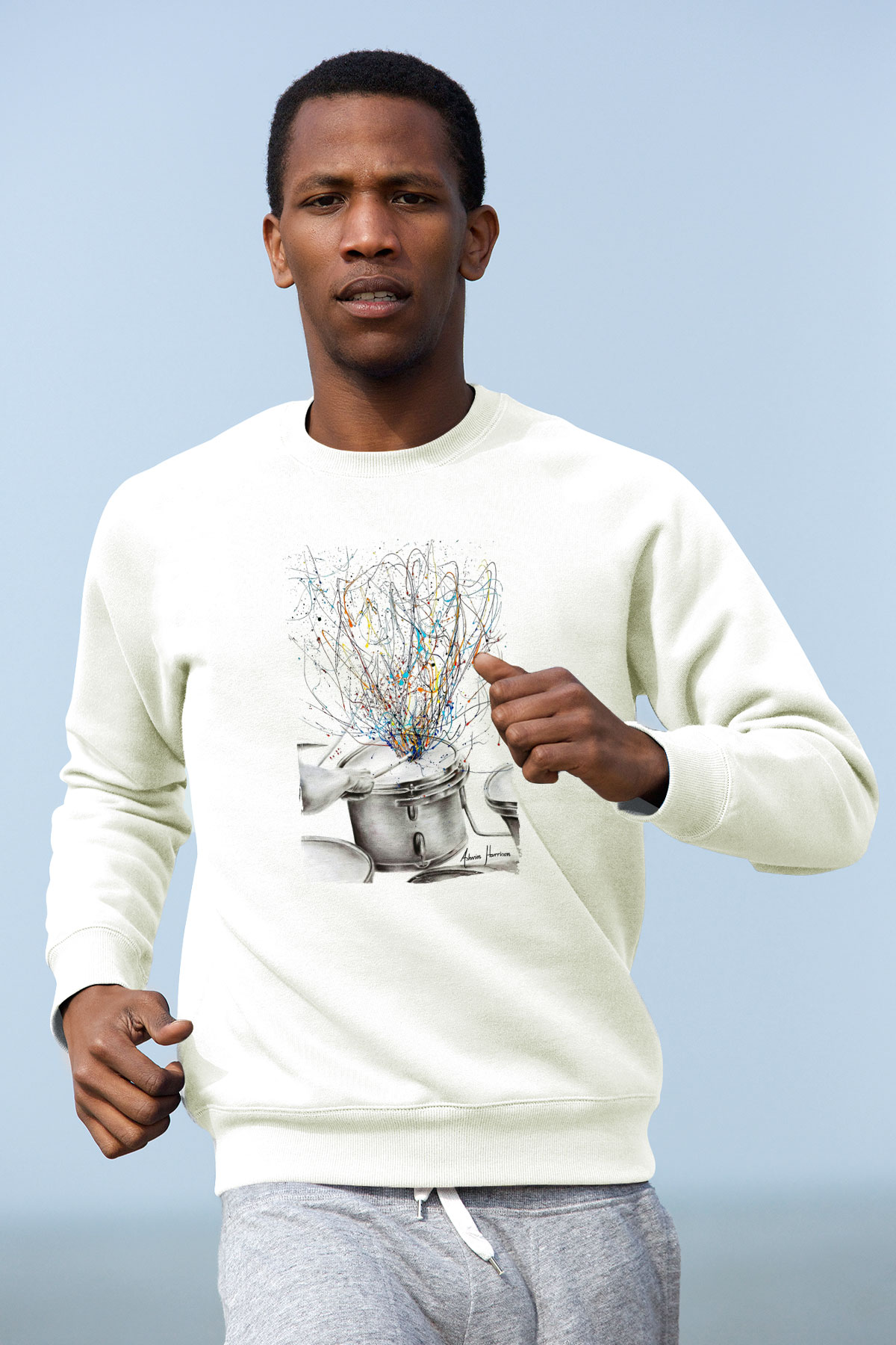 Bateri Baskılı Beyaz Unisex Sweatshirt