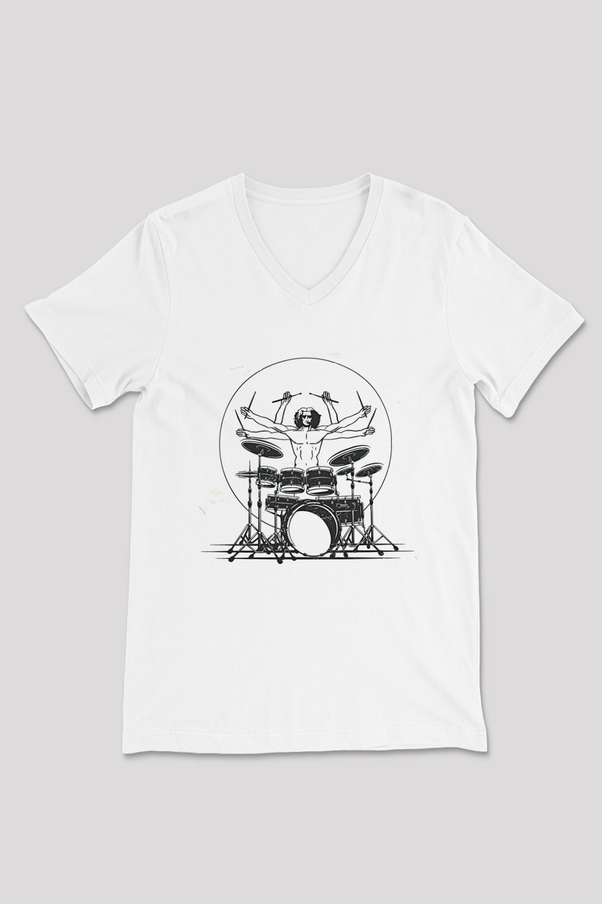 Bateri Baskılı Beyaz Unisex V Yaka Tişört - Tshirt