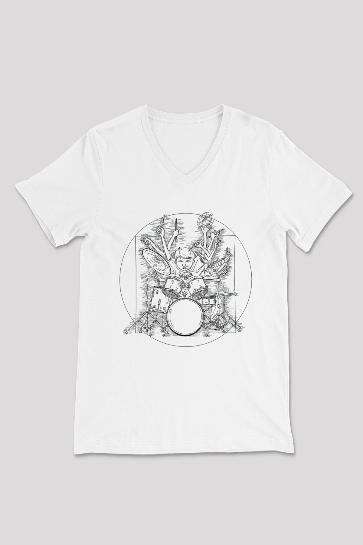 Bateri Baskılı Beyaz Unisex V Yaka Tişört - Tshirt