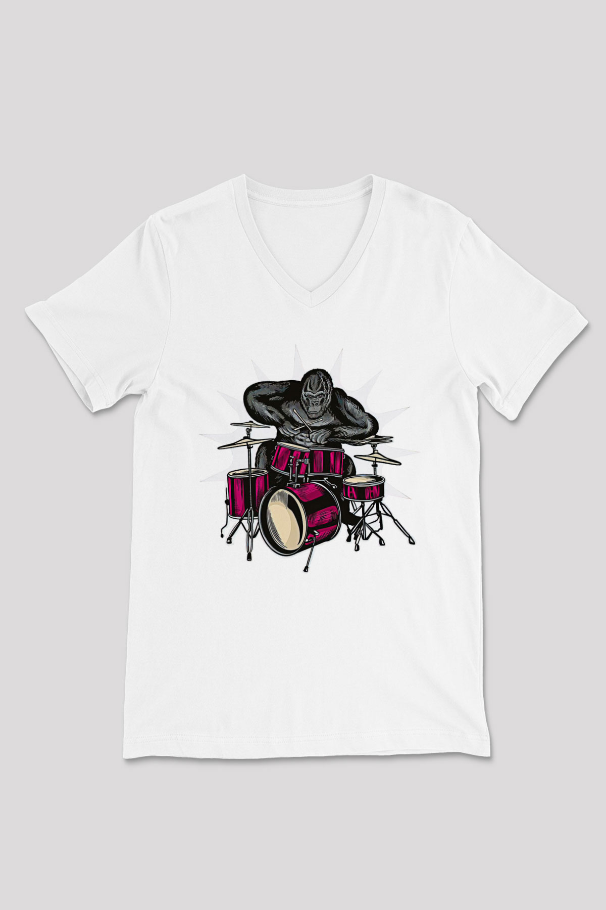 Bateri Baskılı Beyaz Unisex V Yaka Tişört - Tshirt