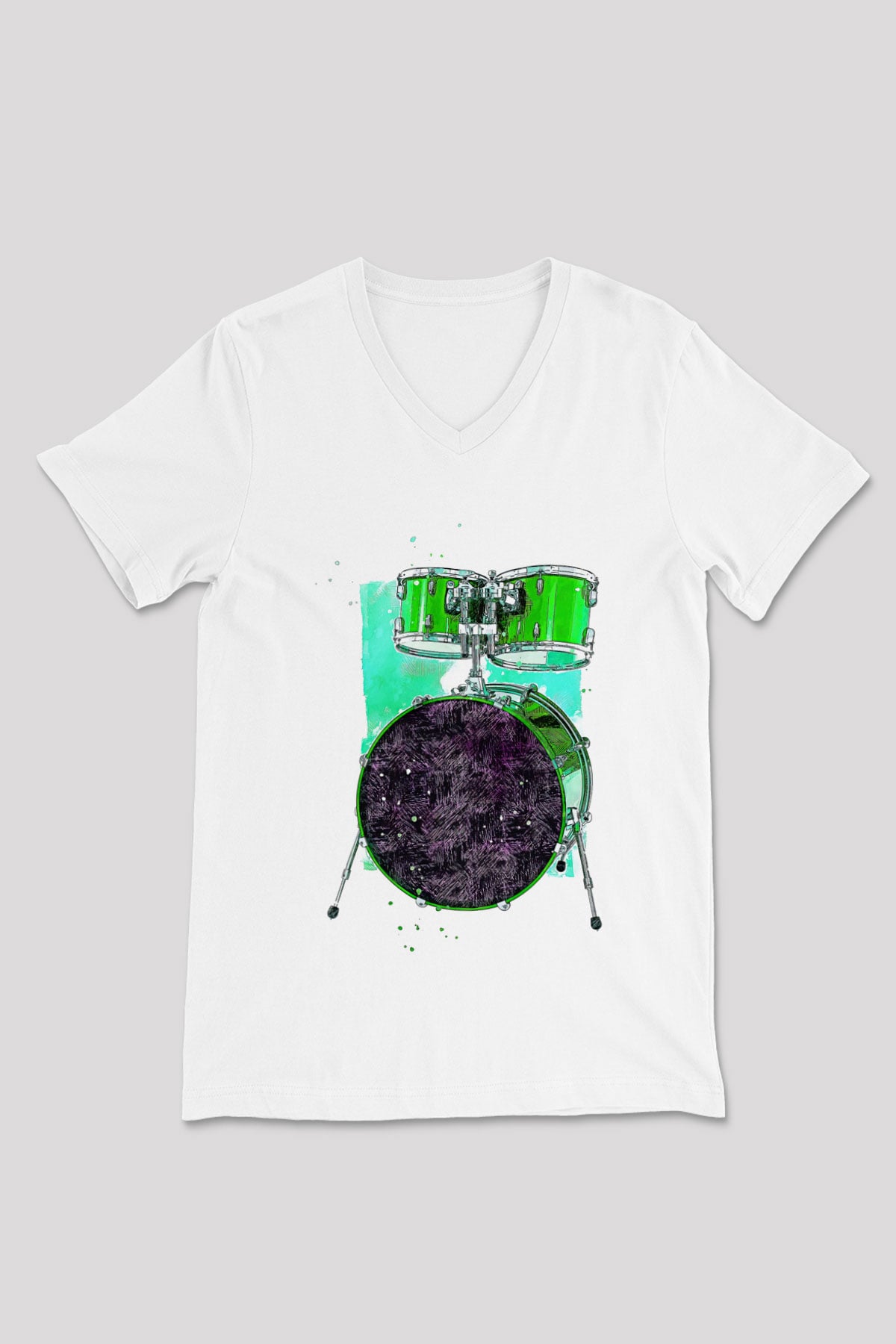 Bateri Baskılı Beyaz Unisex V Yaka Tişört - Tshirt