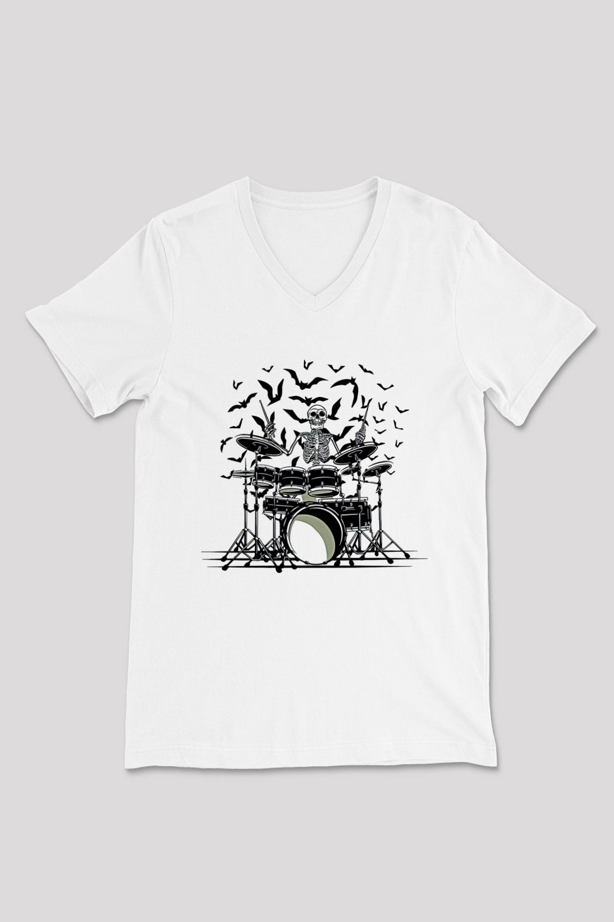 Bateri Baskılı Beyaz Unisex V Yaka Tişört - Tshirt