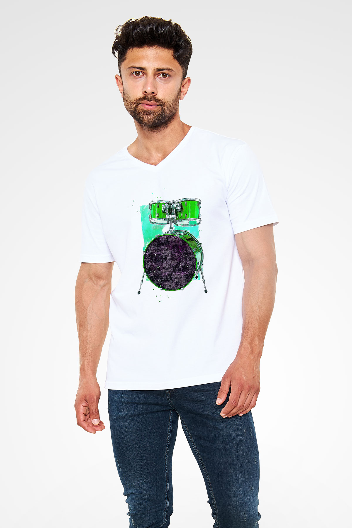 Bateri Baskılı Beyaz Unisex V Yaka Tişört - Tshirt