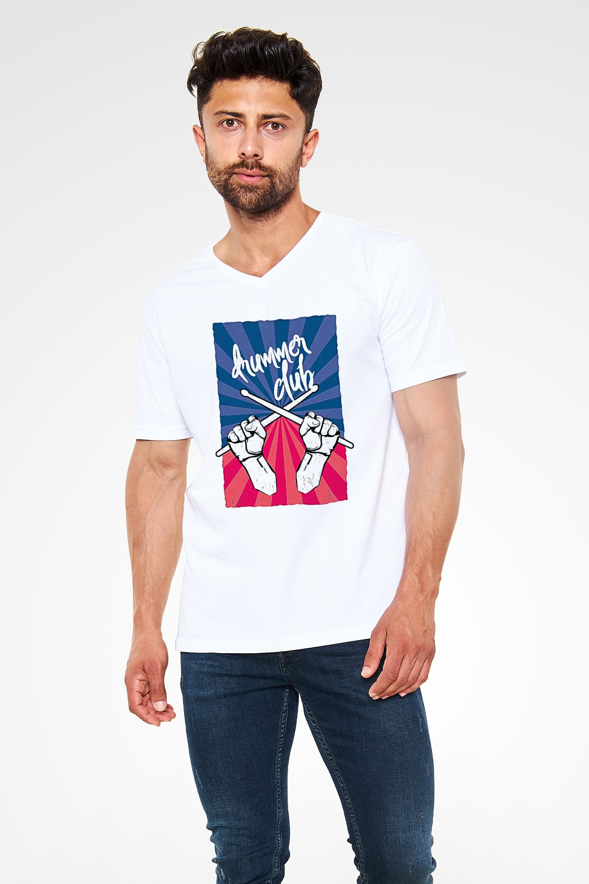 Bateri Baskılı Beyaz Unisex V Yaka Tişört - Tshirt