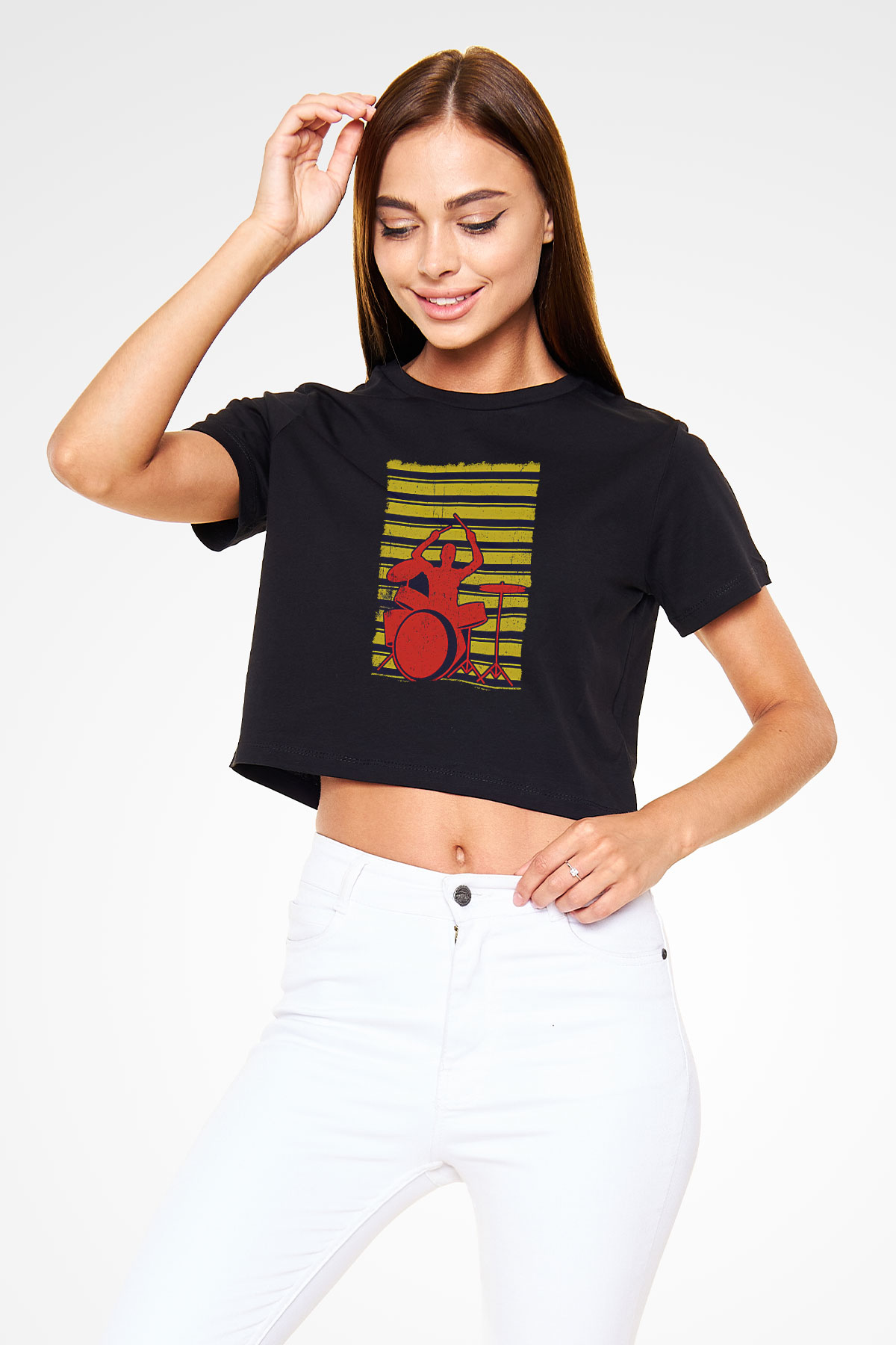 Bateri Baskılı Siyah Crop Top Kadın Tişört - Tshirt